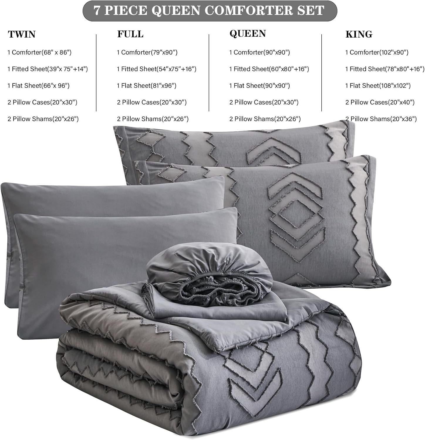 OARAGE Juego de edredón tamaño King de 7 piezas en una bolsa, color gris oscuro, juego de cama bohemio copetudo, juego de ropa de cama King con