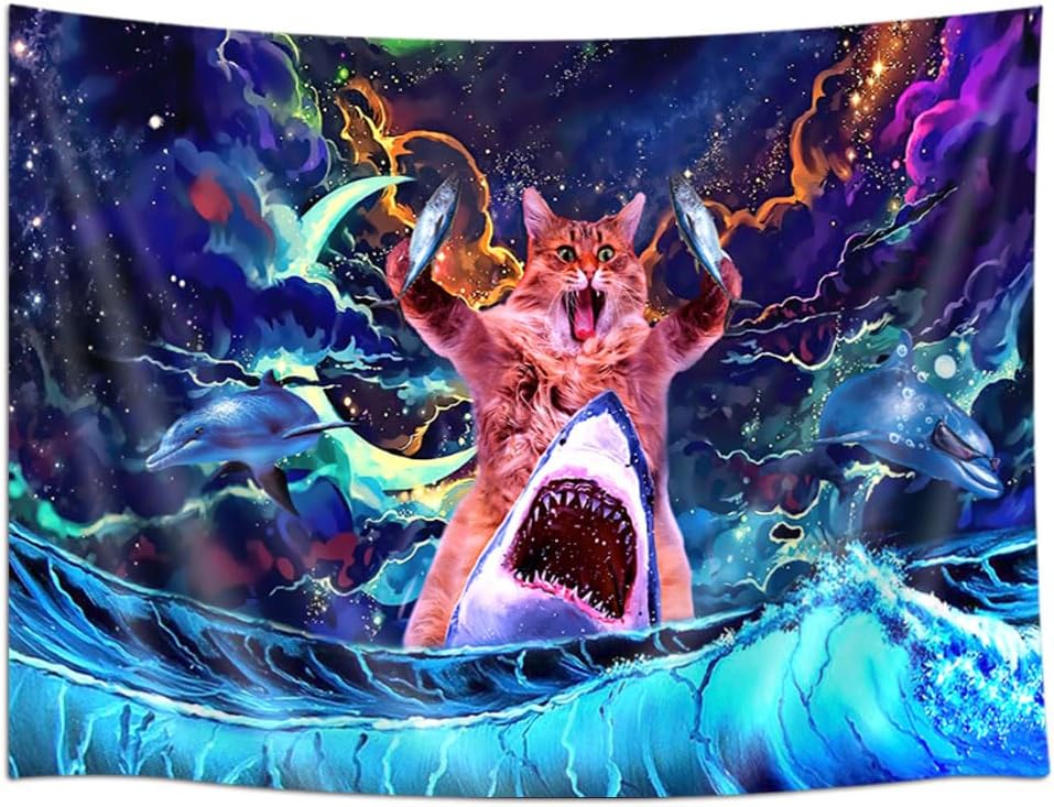 SAOLUIS Tapiz de gato con luz negra, divertido tapiz de gato para dormitorio de niños, lindo gato con pez, tapiz de pared reactivo a los rayos UV