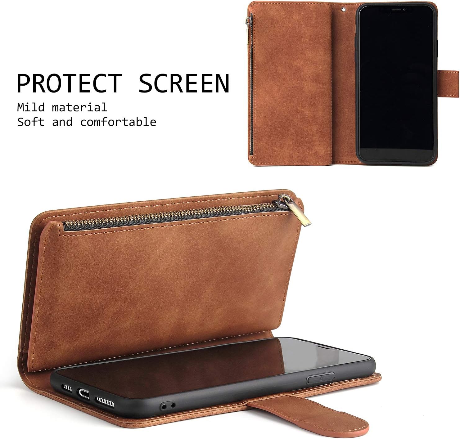 UEEBAI – Cartera clásica de cuero sintético con cierre magnético, funda de iPhone con cierre