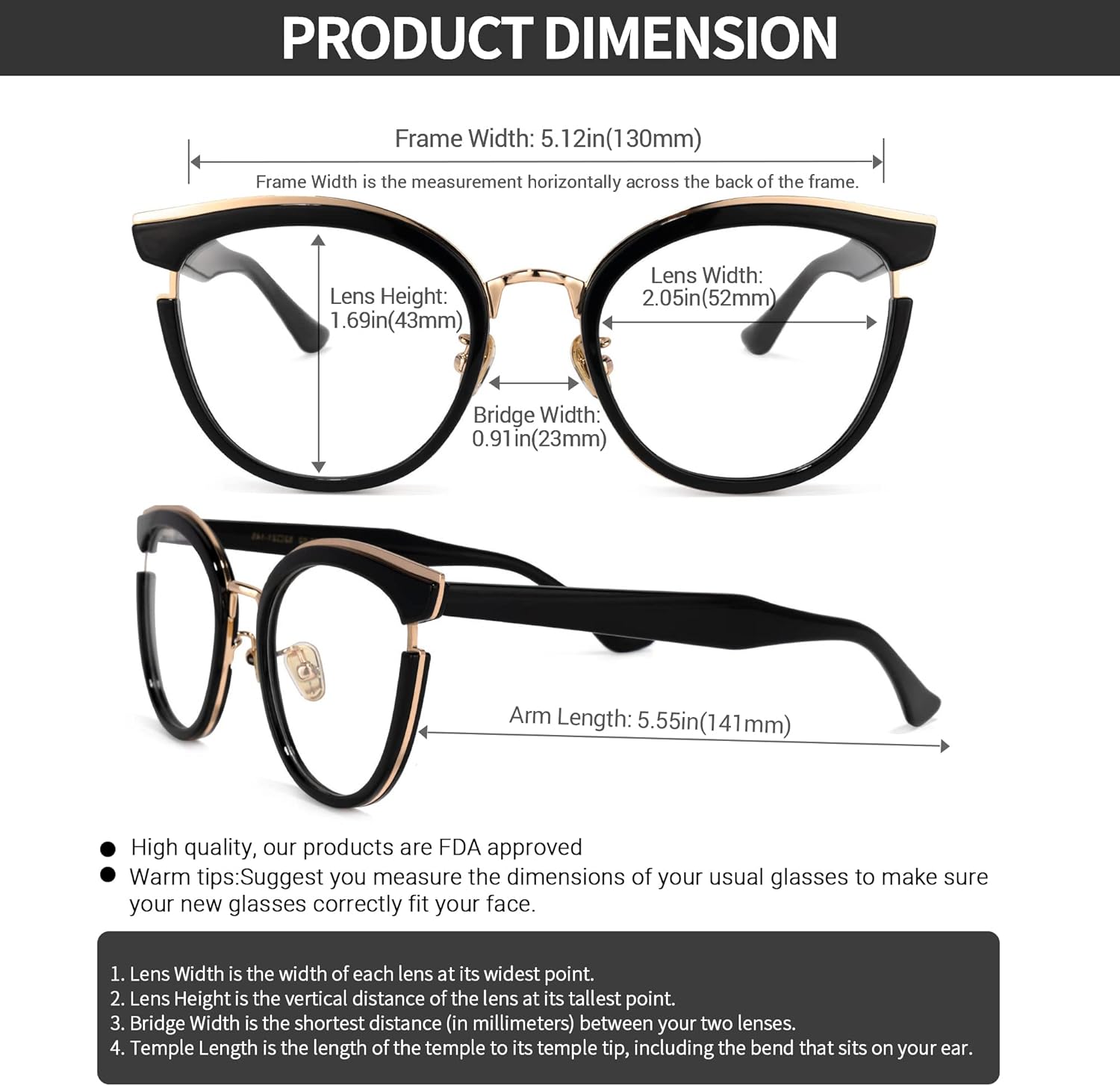 VOOGLAM Gafas de bloqueo de luz azul ojo de gato para mujer, gafas antirrayos UV, gafas retro