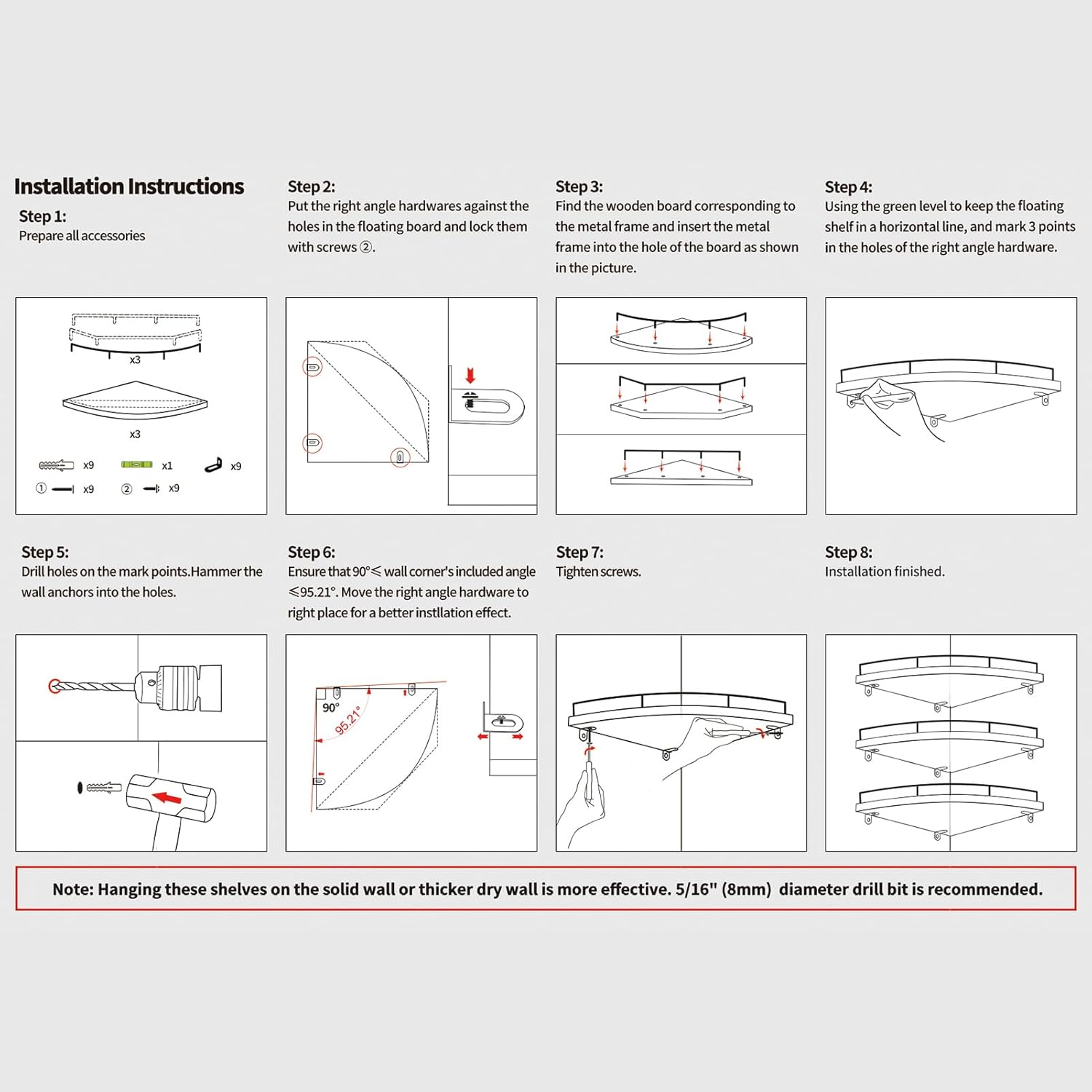 Trwcrt Juego de 3 estantes de esquina flotantes para montaje en pared, estantes de almacenamiento de pared de madera rústica para dormitorio, sala
