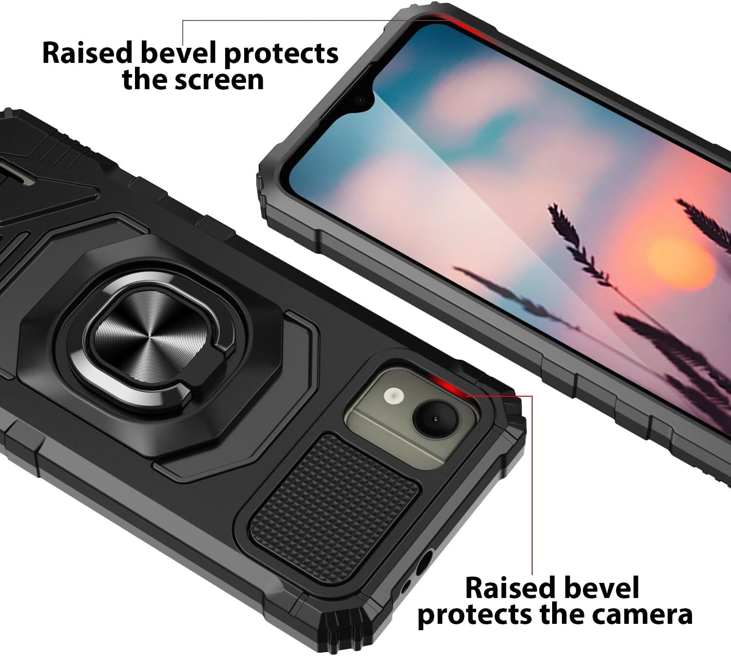TJS Funda compatible con Nokia C110 N156DL 5G, con protector de pantalla de vidrio templado, soporte magnético de anillo de metal, soporte magnético