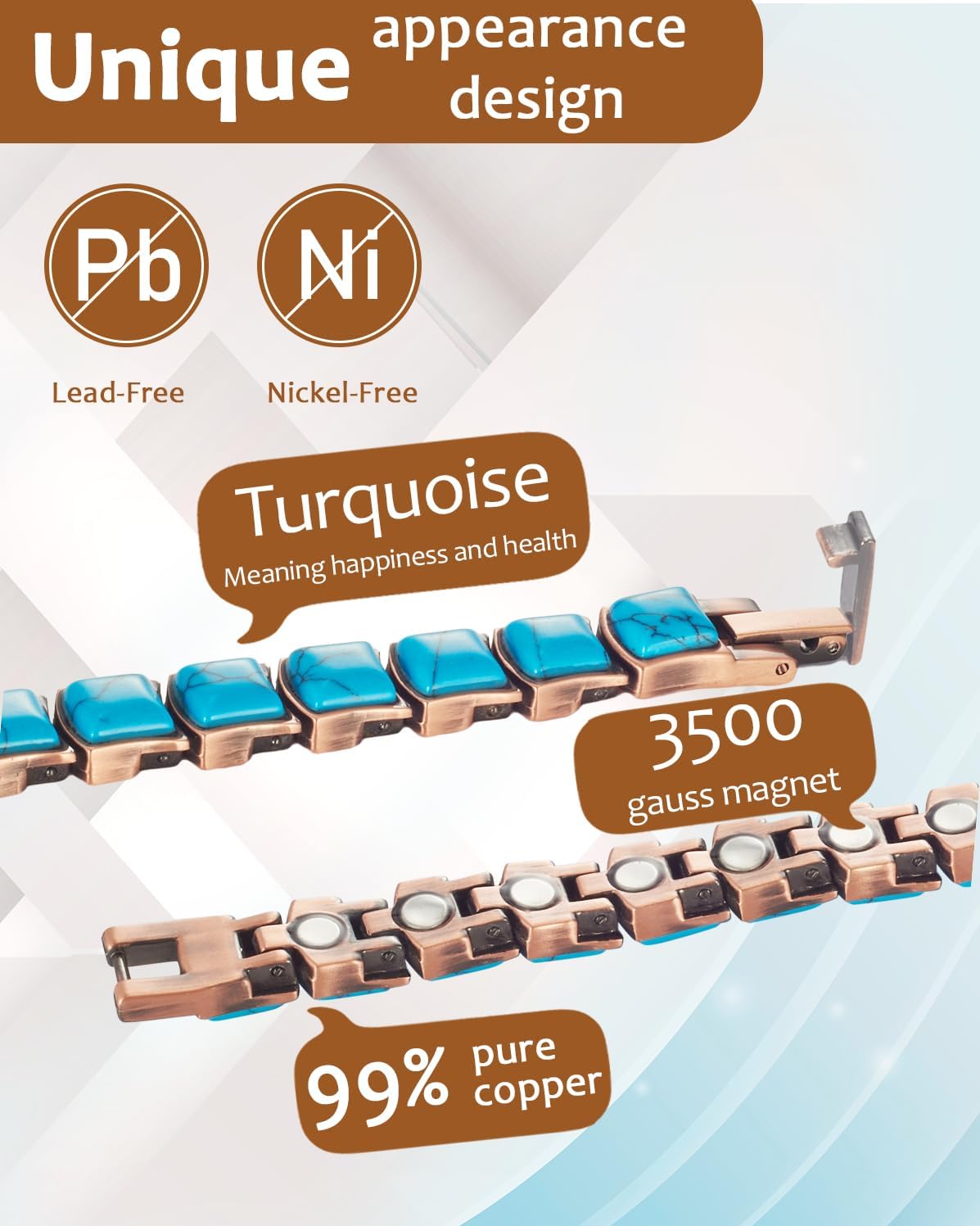 Pulseras de cobre para mujer, pulseras magnéticas efectivas con 3500 imanes Gauss Ultra y 2 eslabones adicionales