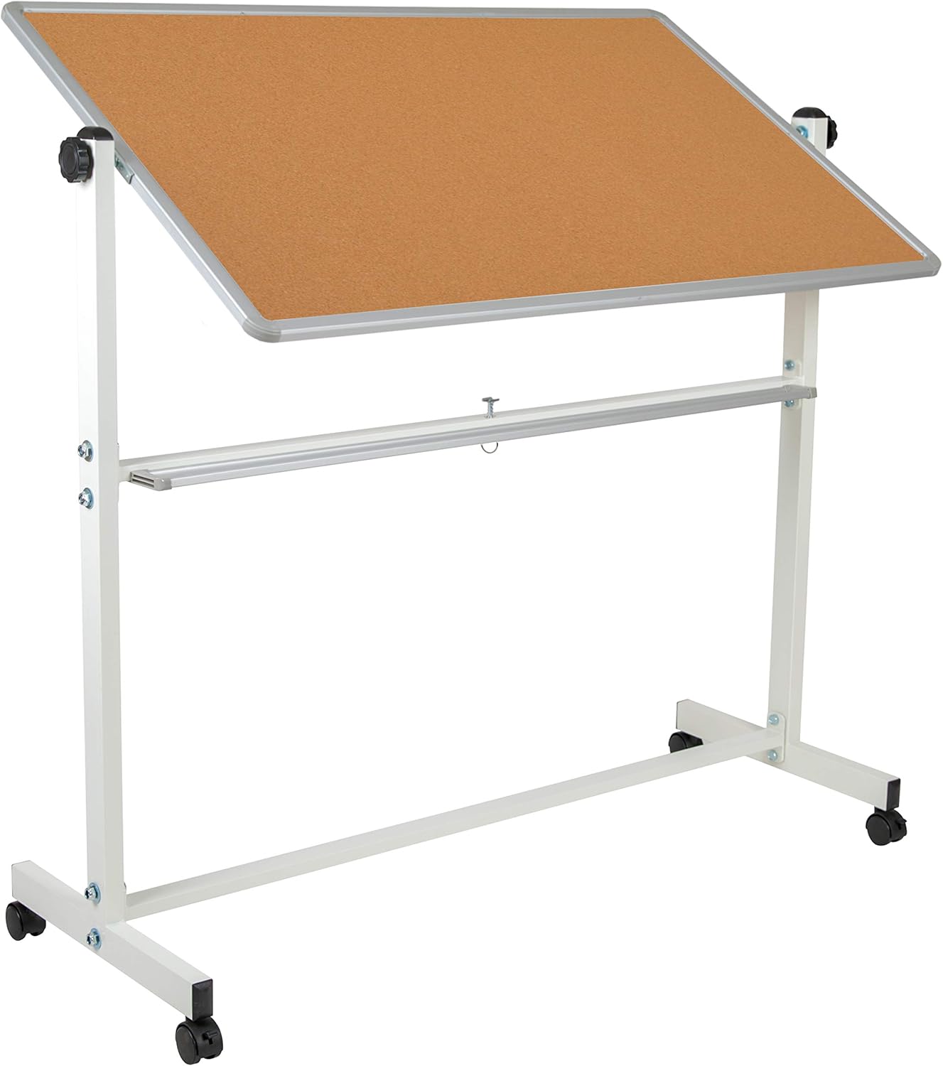 EMMA + OLIVER Tablero de anuncios de corcho móvil reversible de 53 pulgadas de ancho x 59 pulgadas de alto y tablero blanco con bandeja para