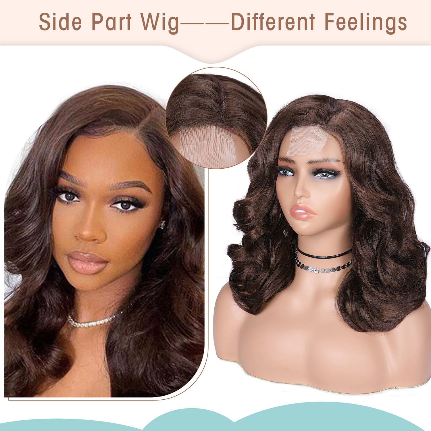 FAVE Peluca corta ondulada hasta el hombro, pelucas estilo Bob de 16 pulgadas, parte media, pelucas marrones para mujeres negras, peluca sintética