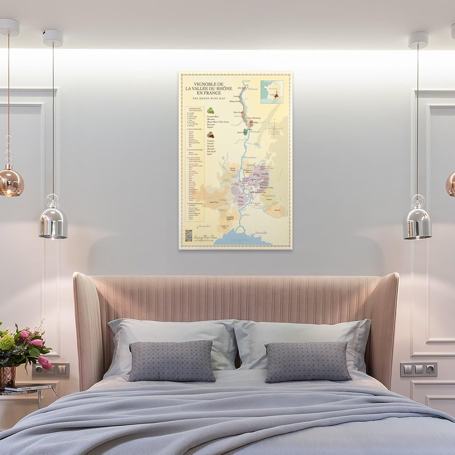 BETSON Póster de Francia, mapa del valle del Ródano septentrional, mapa de regiones vinícolas, póster en lienzo para decoración de pared, pintura