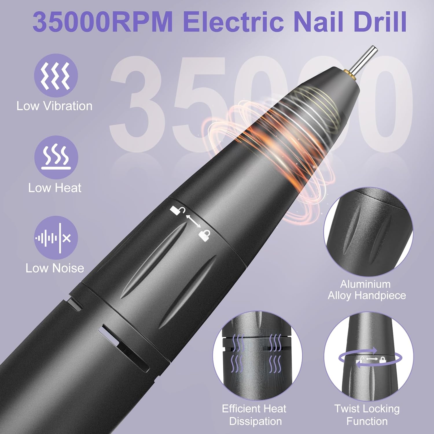 Cadrim Lima de uñas eléctrica, taladro de uñas portátil de 35000 RPM, taladro de uñas inalámbrico, juego de máquina de taladro de uñas profesional