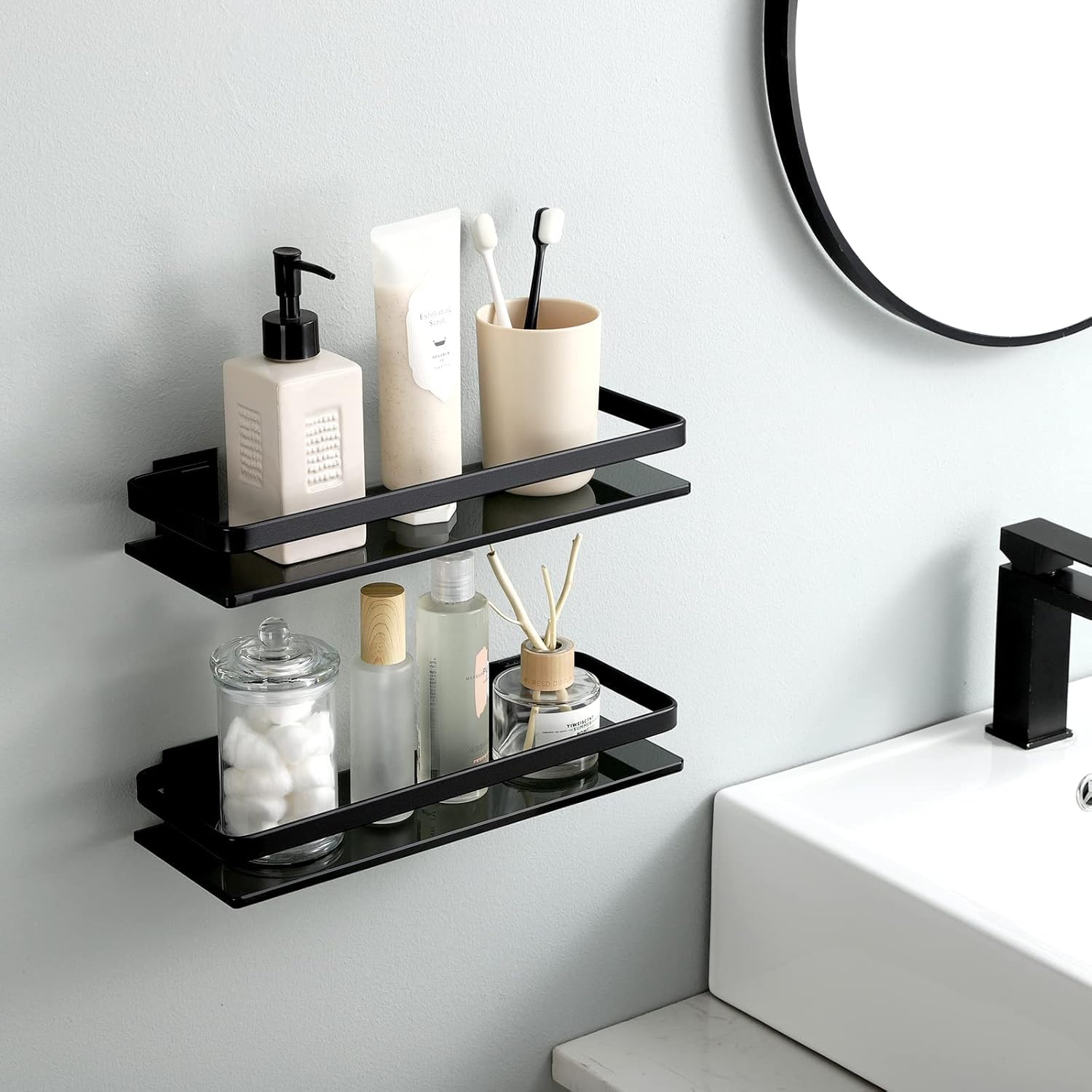 KES Estante de vidrio negro para baño, estante de pared de vidrio templado extra grueso, rectangular, paquete de 2, estante flotante de vidrio de
