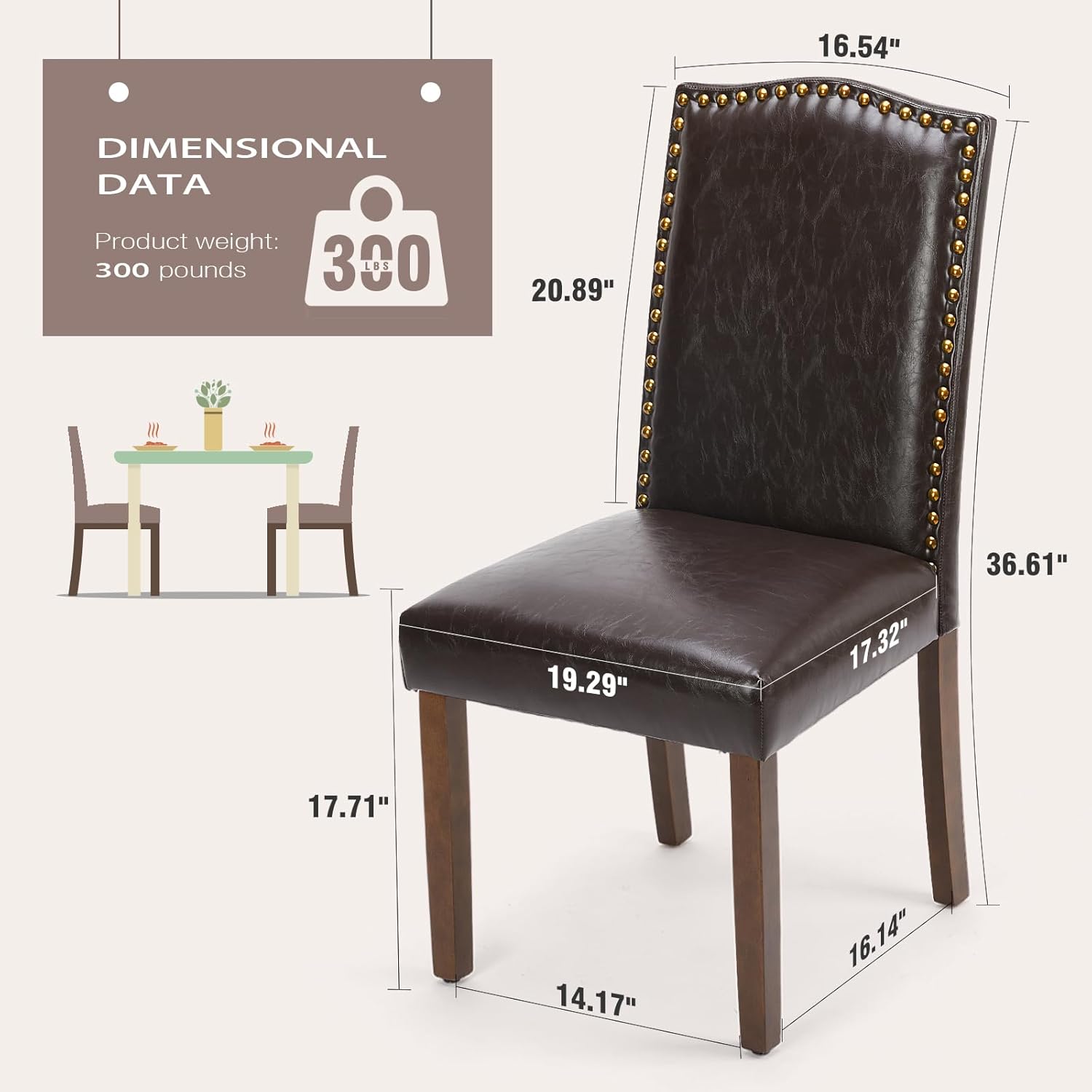 MCQ Juego de 6 sillas de comedor tapizadas, modernas sillas de comedor tapizadas de cuero con ribete de cabeza de clavo y patas de madera, silla de