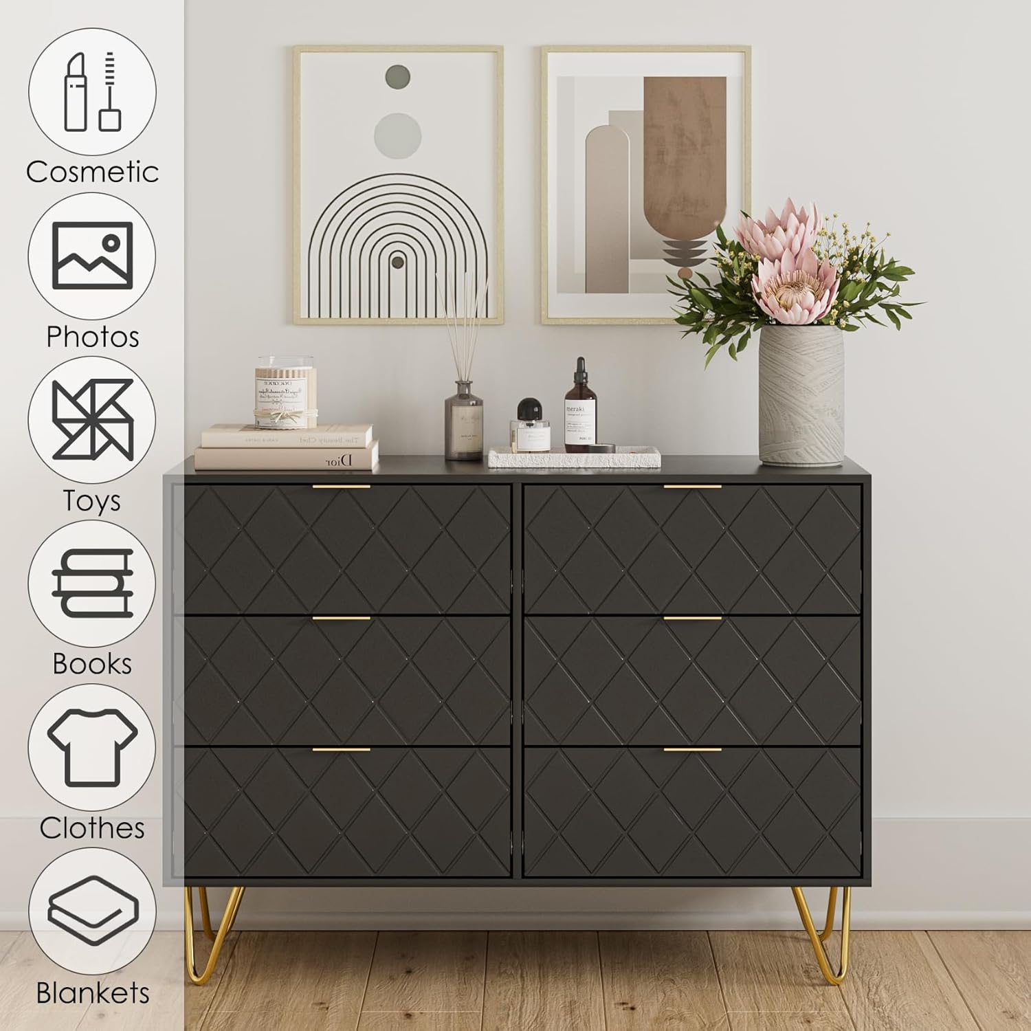 Cómoda de 6 cajones, moderna cajonera, cómoda de almacenamiento ancha con patas de metal, cómoda para dormitorio, sala de estar, armario, entrada,