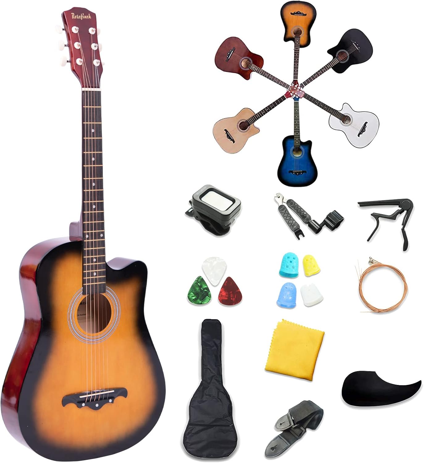 Rosefinch Guitarra acústica de 38 pulgadas, tamaño 34, para principiantes, adultos, niños, viajes, con kit de iniciación de correa de guitarra