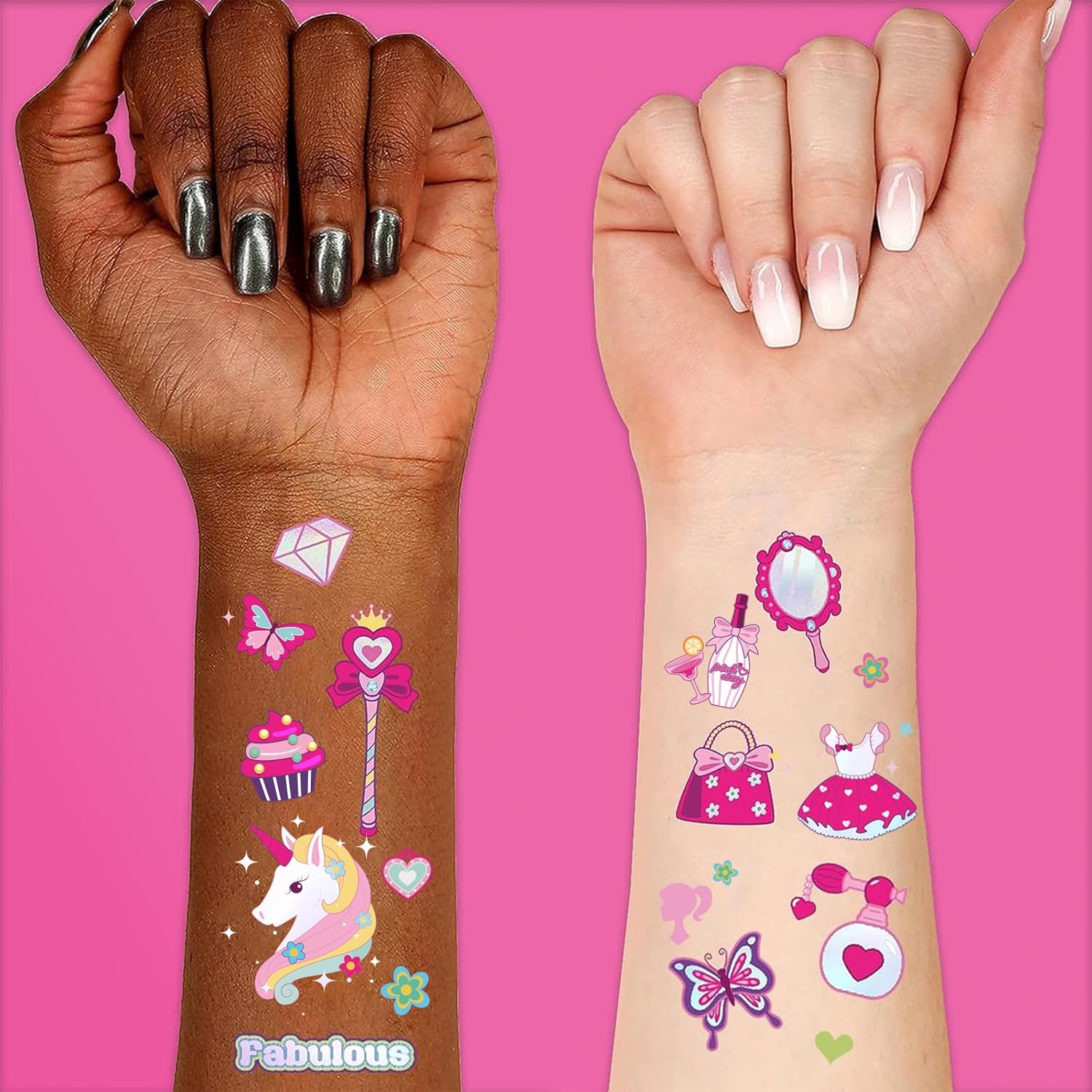 Konsait 96 tatuajes temporales de color rosa con purpurina para niños y niñas, tatuajes temporales para fiesta de cumpleaños, tatuajes impermeables