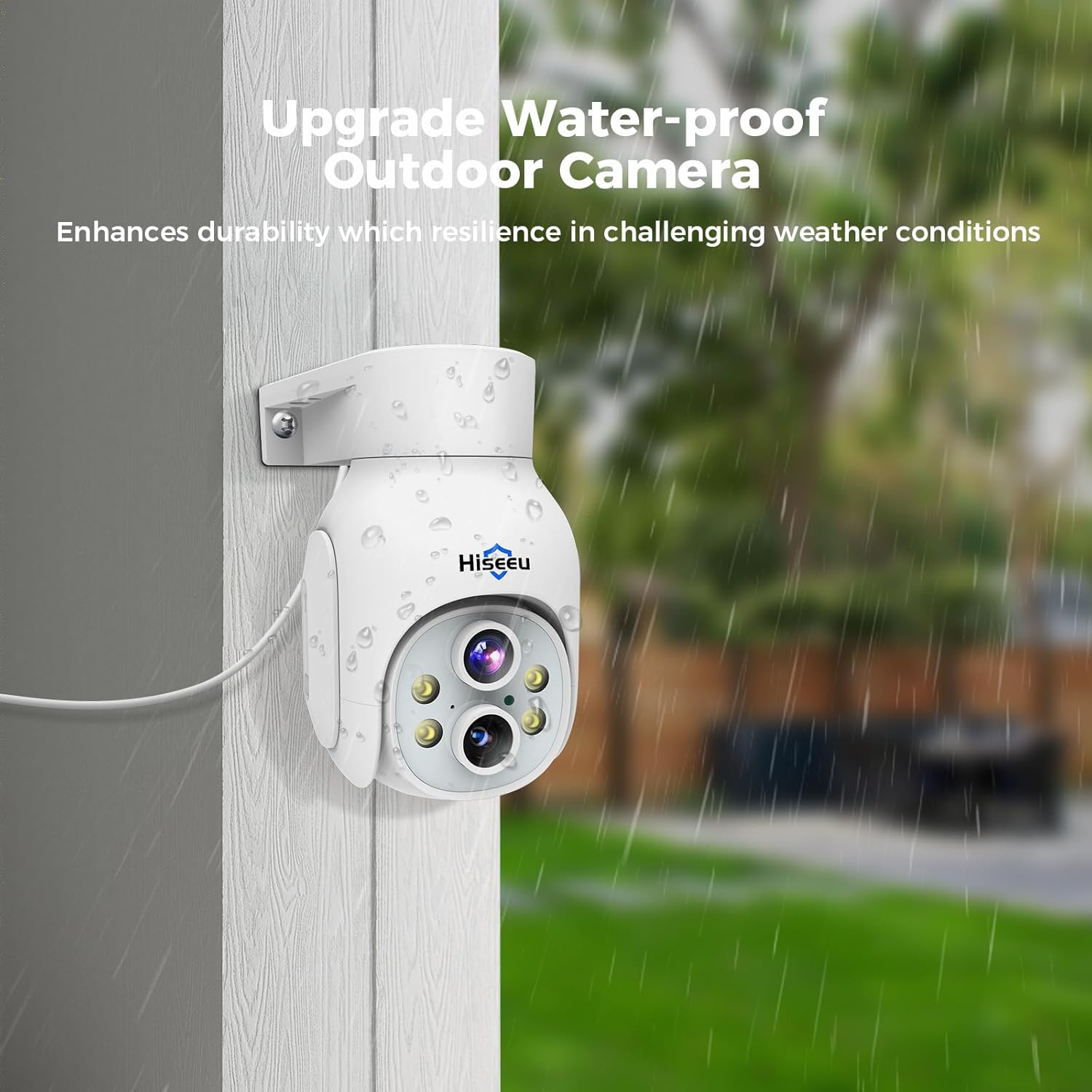 Hiseeu Cámara de seguridad de doble lente de 3MP inalámbrica WiFi 2.4GHz al aire libre, zoom panorámico e inclinación de 10X 360, visión nocturna a