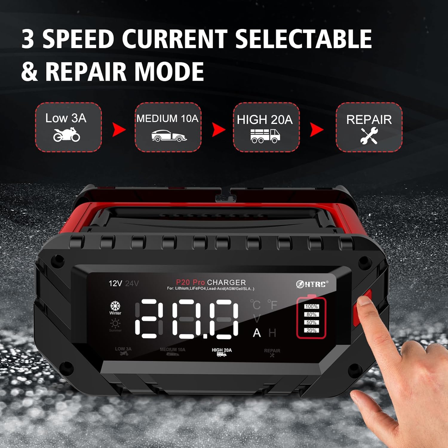 Cargador de batería de 20 amperios, 12 V24 V, cargador de batería inteligente totalmente automático, litio, cargador de flotador Lifepo4, cargador