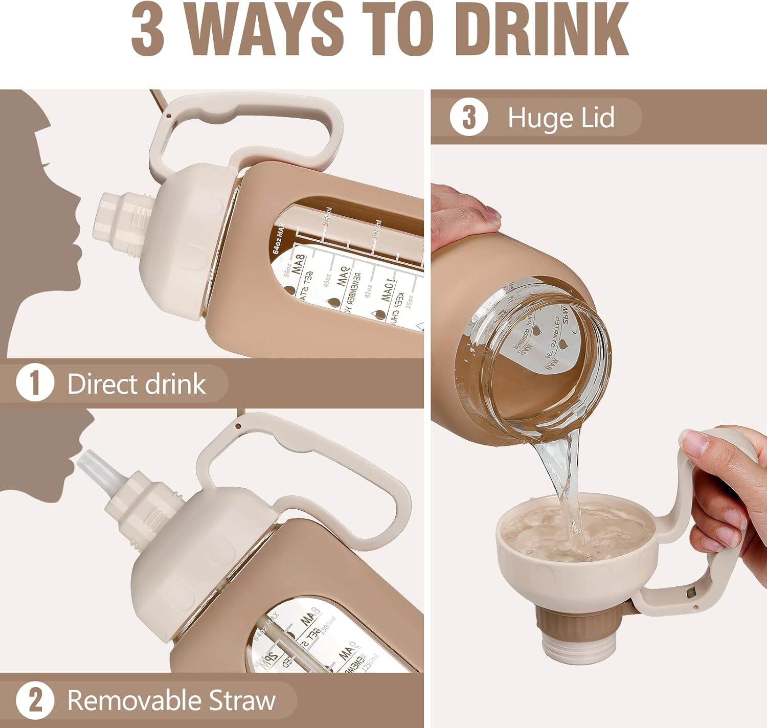 MUKOKO Botellas de agua de vidrio de 64 onzas con popote, botella de agua de medio galón con marcador de tiempo, botella de agua motivacional con