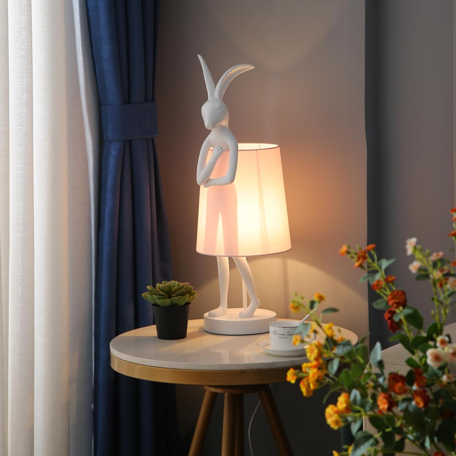 Lámparas de mesa de conejo, lámpara de mesa de conejo blanco de 25.6 pulgadas para dormitorio, lámpara de mesita de noche para niños, luz de conejo