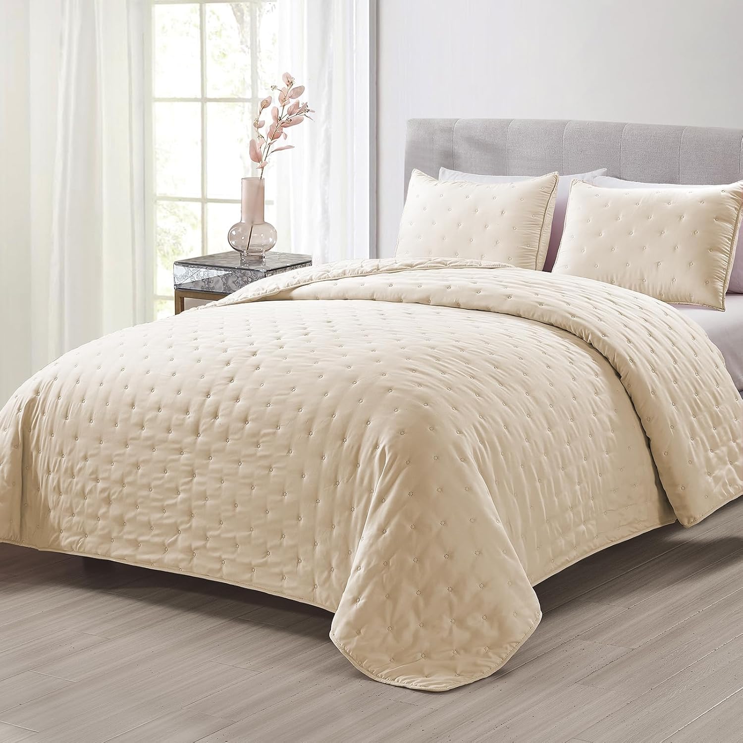 Juego de edredones reversibles tamaño Queen, edredón beige de 3 piezas con fundas de almohada, colcha de microfibra con patrón de puntos, colcha