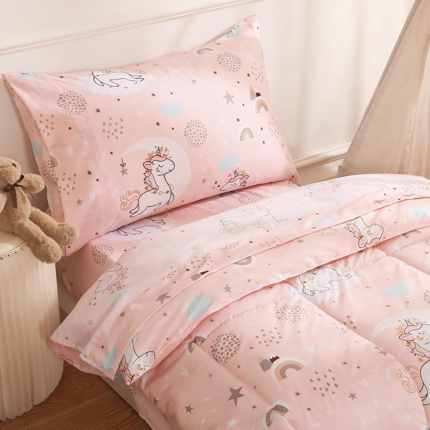 JSD Juego de ropa de cama infantil de 4 piezas de unicornio rosa, juego de edredón de microfibra con estampado de niñas, incluye sábana encimera,