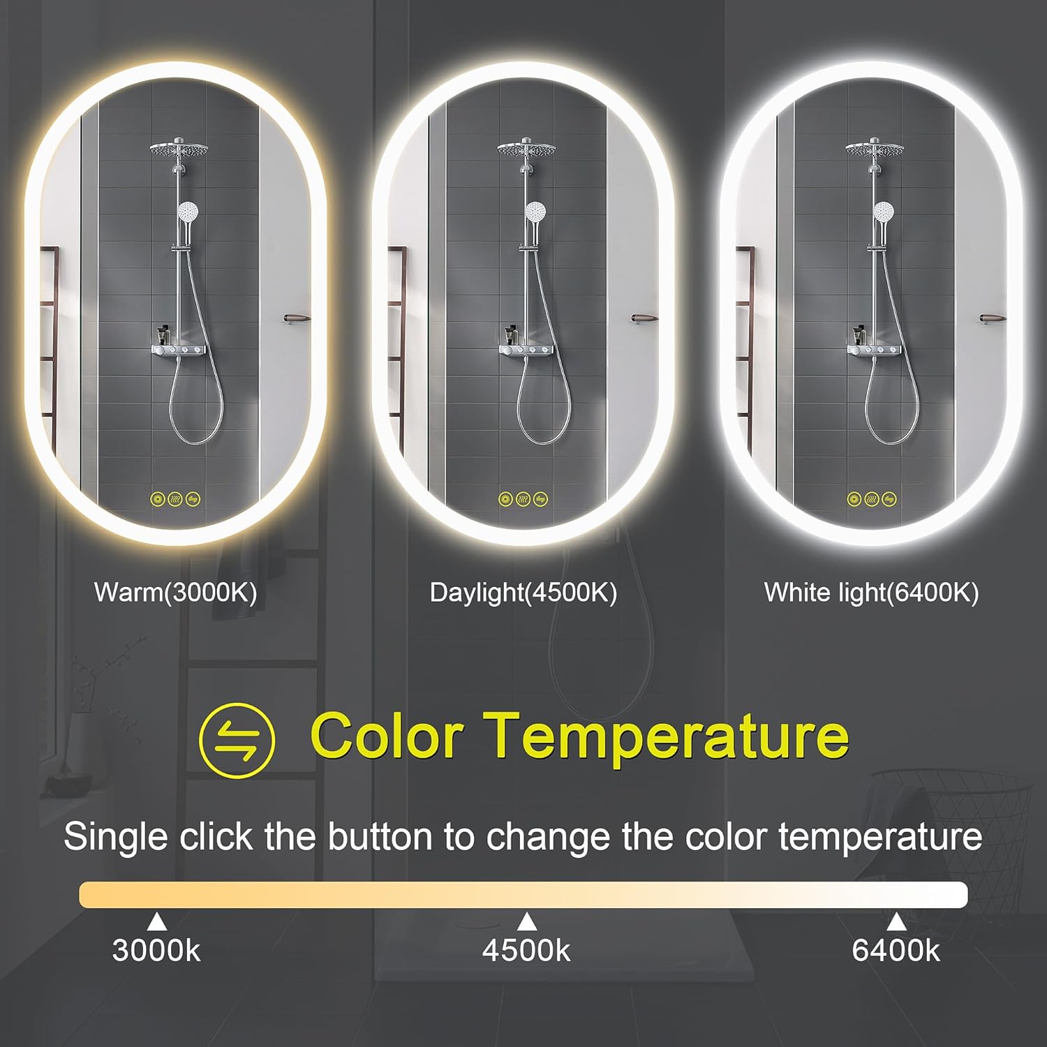 Espejo LED ovalado de baño de 24 x 36 pulgadas, espejo retroiluminado LED, tocador de baño con luces, 3 colores sin escalones, regulable,