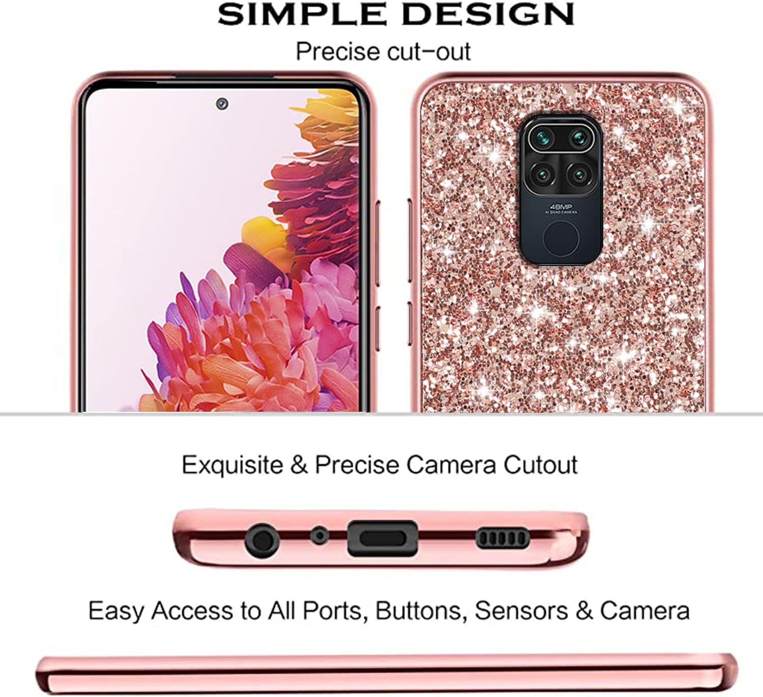 Funda compatible con Xiaomi Redmi Note 9 con purpurina a prueba de golpes, Redmi Note 9, funda protectora delgada de TPU suave y policarbonato de