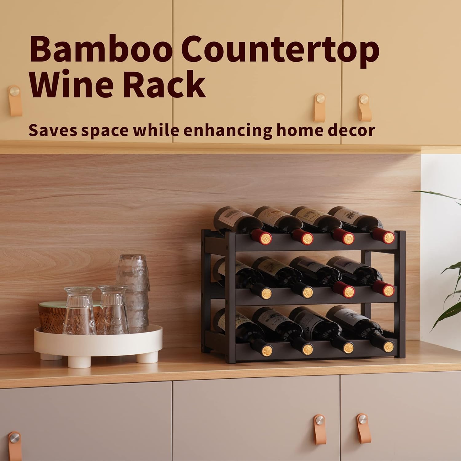 Estante de vino de bambú, estante de almacenamiento de vino resistente y duradero, estantes de vino para encimera para despensa, cocina, 3 niveles