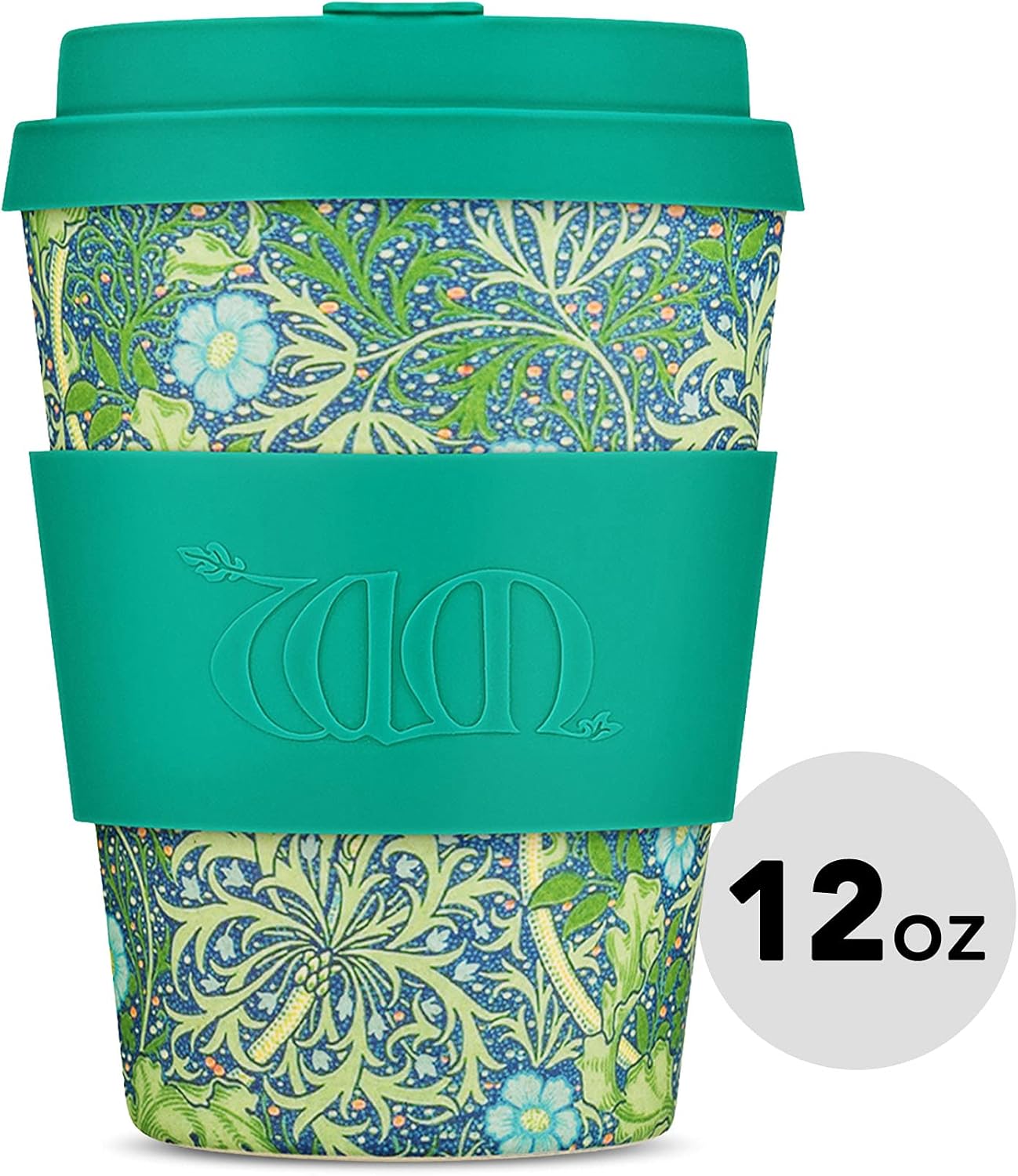 Ecoffee Cup + William Morris Seaweed Marine con silicona turquesa de 12 onzas, reutilizable y respetuosa con el medio ambiente para llevar