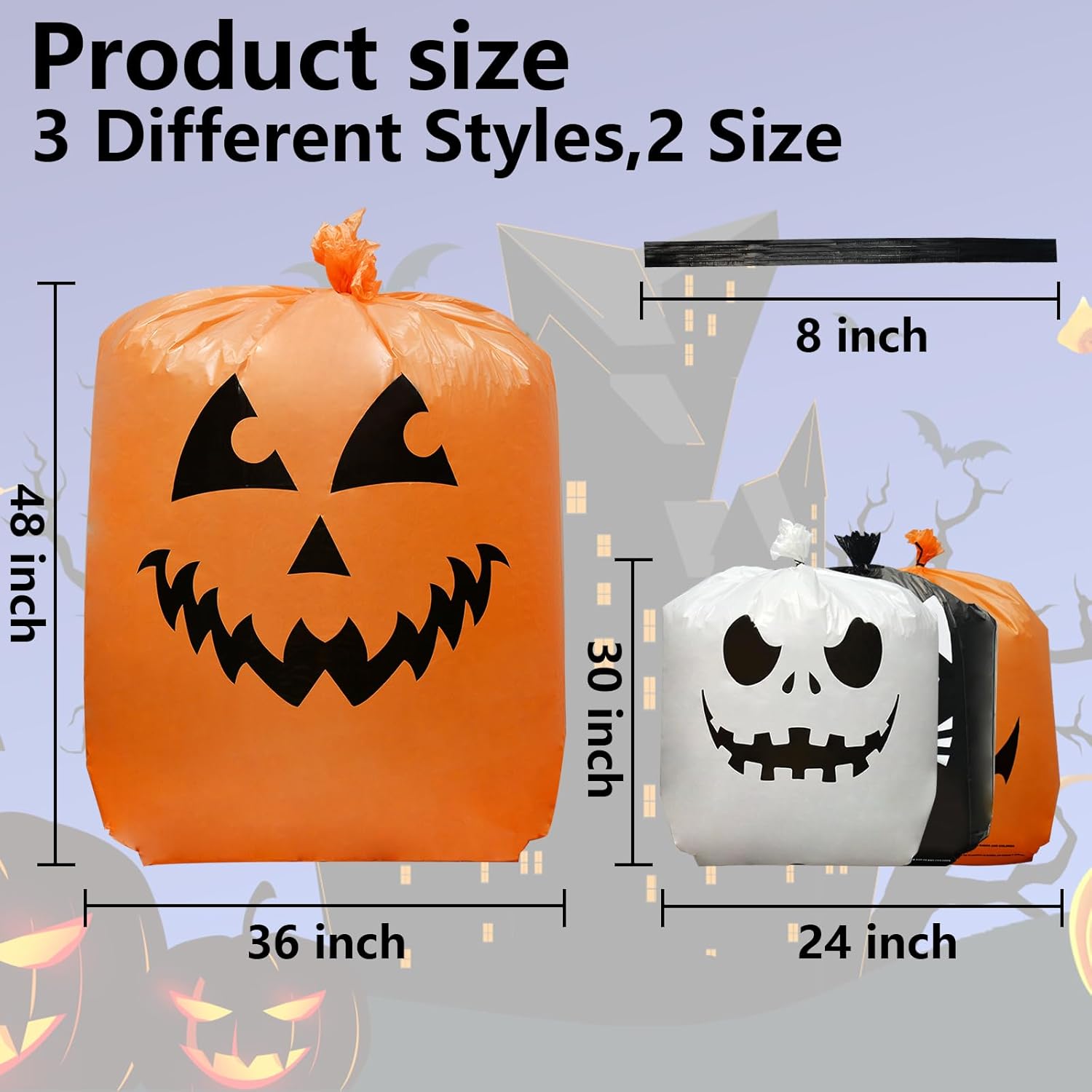 6 bolsas de calabaza de Halloween para césped, incluye 2 bolsas de 48 x 36 pulgadas de calabaza sonriente y 4 bolsas de basura de Halloween de 30 x