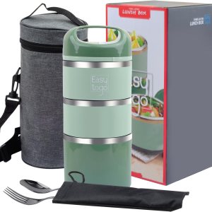 Lonchera de 3 niveles, 43 onzas, color verde, apilable, de acero inoxidable, con bolsa de almuerzo y juego de cubiertos, lonchera portátil, para Lonchera de 3 niveles, 43 onzas, color verde, apilable, de acero inoxidable, con bolsa de almuerzo y juego de cubiertos, lonchera portátil, para