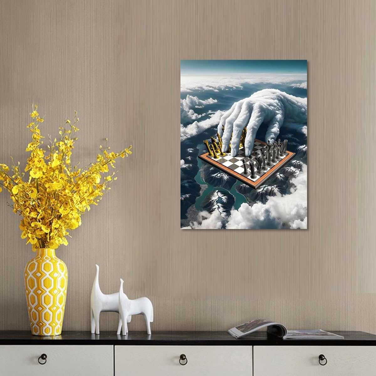 Kyiyhzp Arte de pared de ajedrez, nube blanca, paisaje de montaña, imagen creativa para decoración moderna y elegante del hogar, baño, dormitorio,