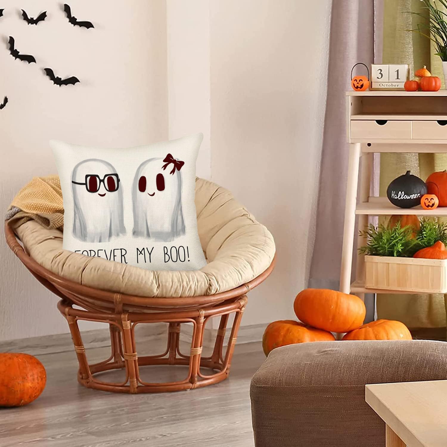 Easternproject Forever My Boo – Fundas de almohada de 18 x 18 pulgadas, diseño de fantasma, Halloween, granja, color blanco, fundas de almohada