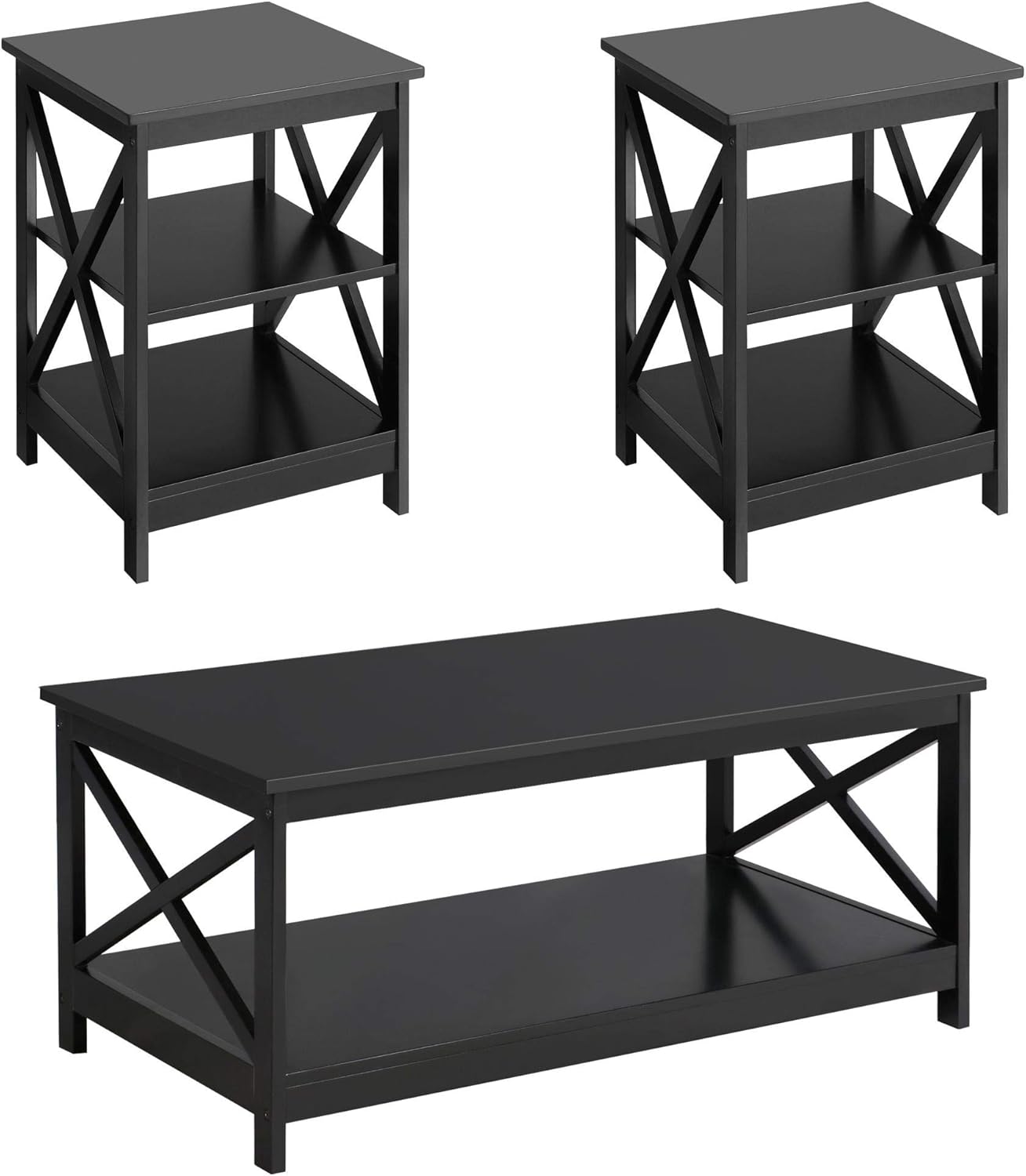 Topeakmart X-Design – Juego de 3 mesas de sala de estar, con 1 mesa auxiliar y 2 mesas laterales para sofá, color negro