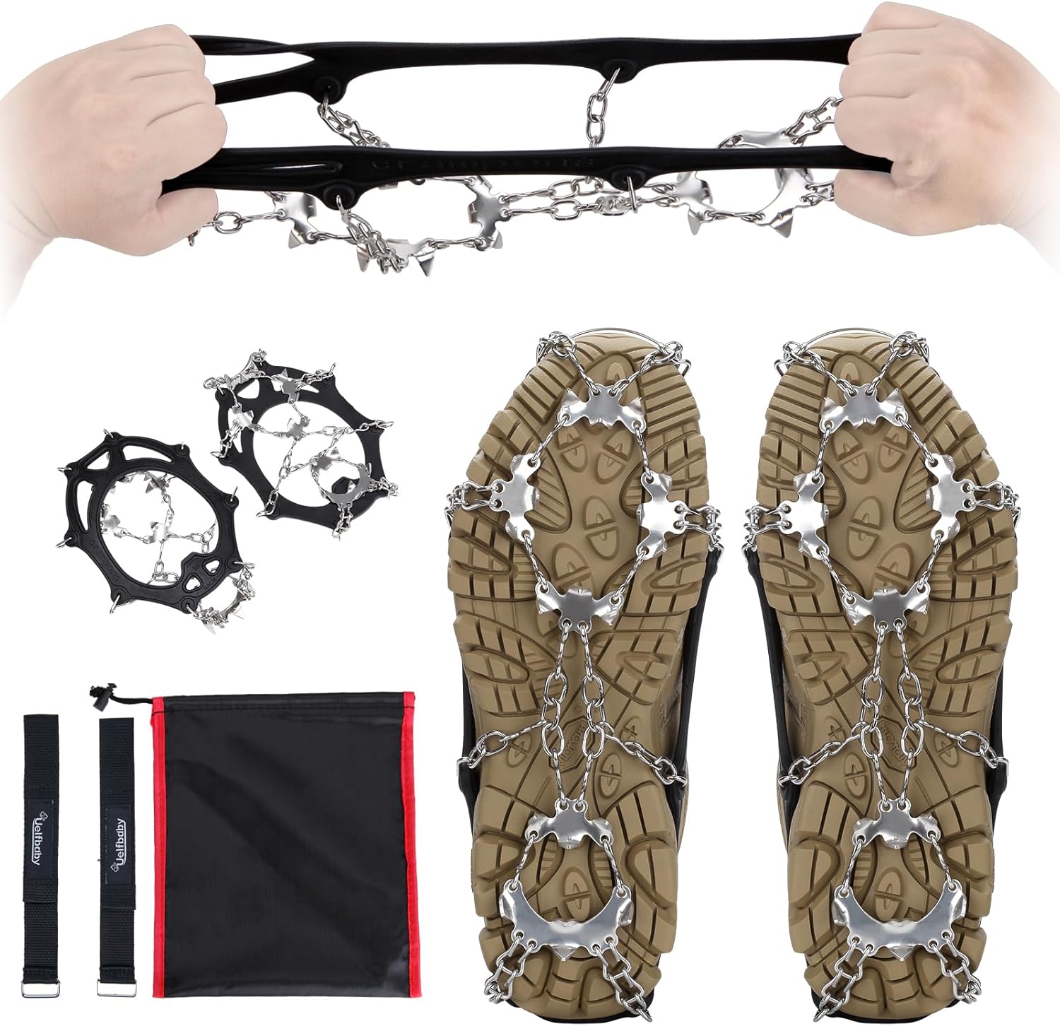 Crampons actualizado 19, spikes agarres para hielo y nieve de tracción, protección al caminar, trotar, senderismo, alpinismo sobre nieve y hielo.