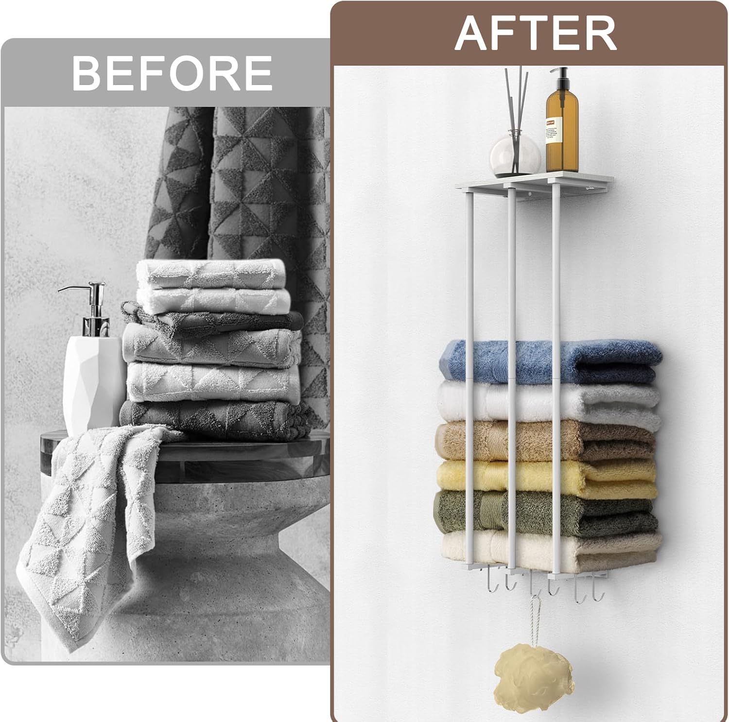 MOOACE – Toallero para baño montado en la pared, 3 barras enrolladas con parte superior de madera y ganchos de pared, organizador de baño de metal