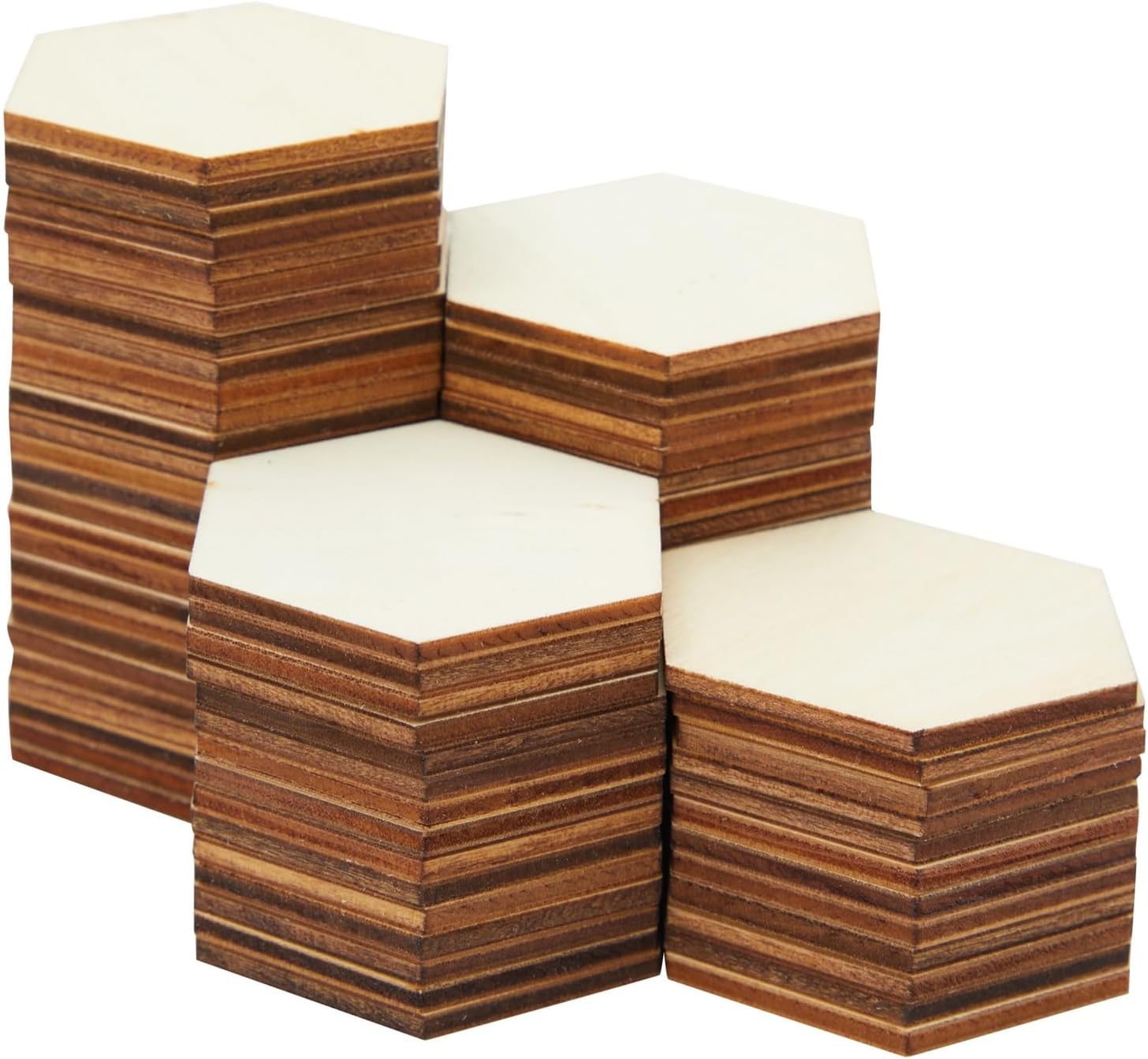 Bright Creations Paquete de 100 piezas hexagonales de madera sin terminar para manualidades, recortes de rebanadas de madera de 0.098 in (2 x 2