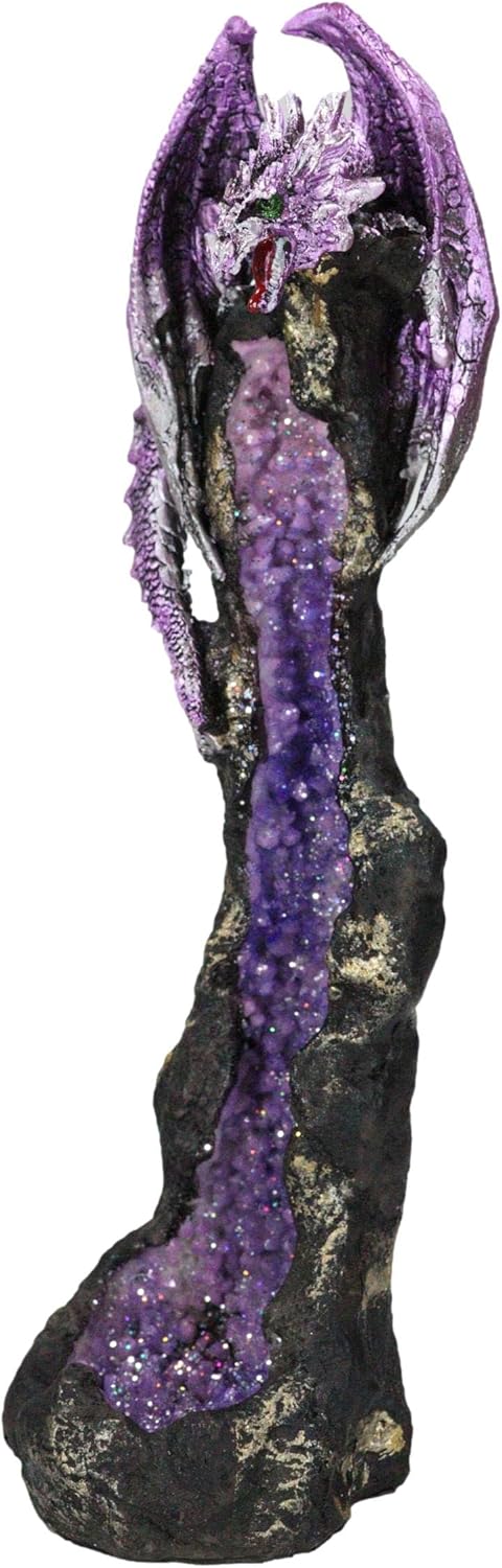 Ebros Gift Quartcita Elemental Dragon Guarding Faux Geoda Cuarzo Cristal Quarry Rock Pilar Incienso Soporte Figurita Fantasía Mítico Calabozos y
