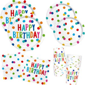 Decoraciones de feliz cumpleaños suministros de fiesta de cumpleaños para niños con diseño de puntos, incluye platos y servilletas de feliz Decoraciones de feliz cumpleaños suministros de fiesta de cumpleaños para niños con diseño de puntos, incluye platos y servilletas de feliz