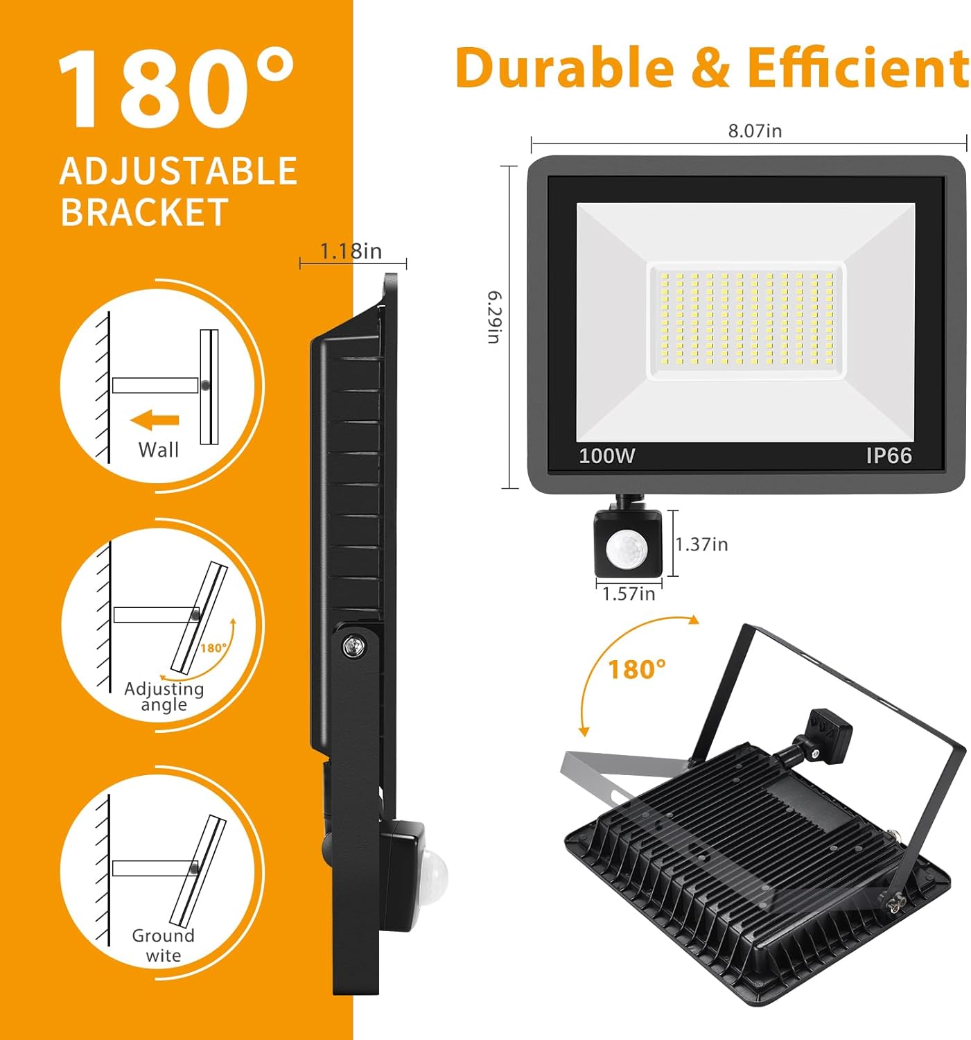 Paquete de 2 luces LED de 100 W con sensor de movimiento, luz de trabajo LED con enchufe, reflectores impermeables IP66 para exteriores, 5000 K, luz