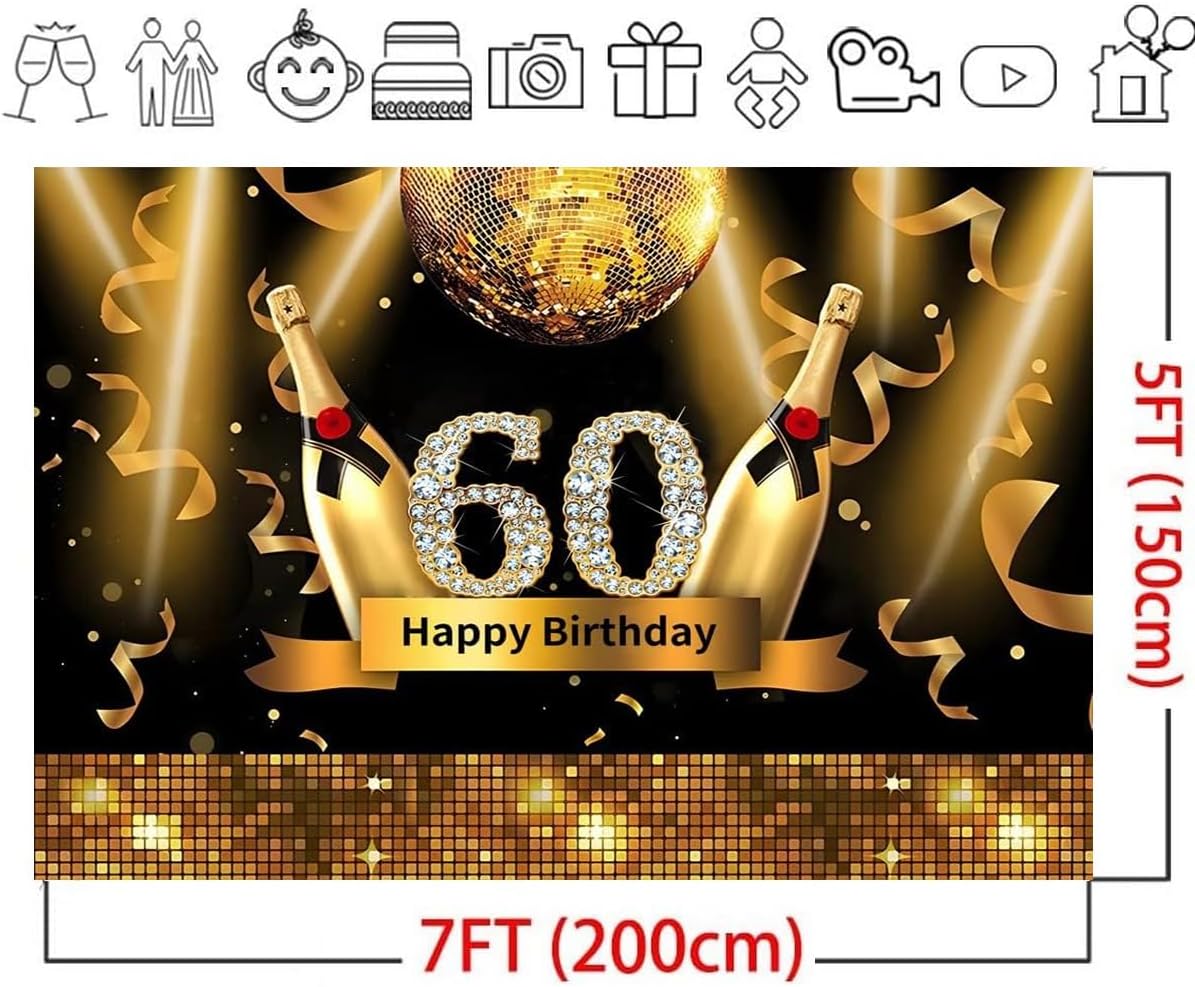 Cinta brillante de 7 x 5 pies, color dorado con texto en inglés “Cheers”, con diamantes brillantes y brillantes, número 60, color negro y dorado