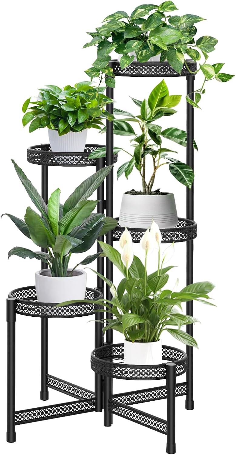 Soporte de metal para plantas de 5 niveles para interiores y exteriores, soporte plegable para plantas de múltiples niveles, estante para macetas de