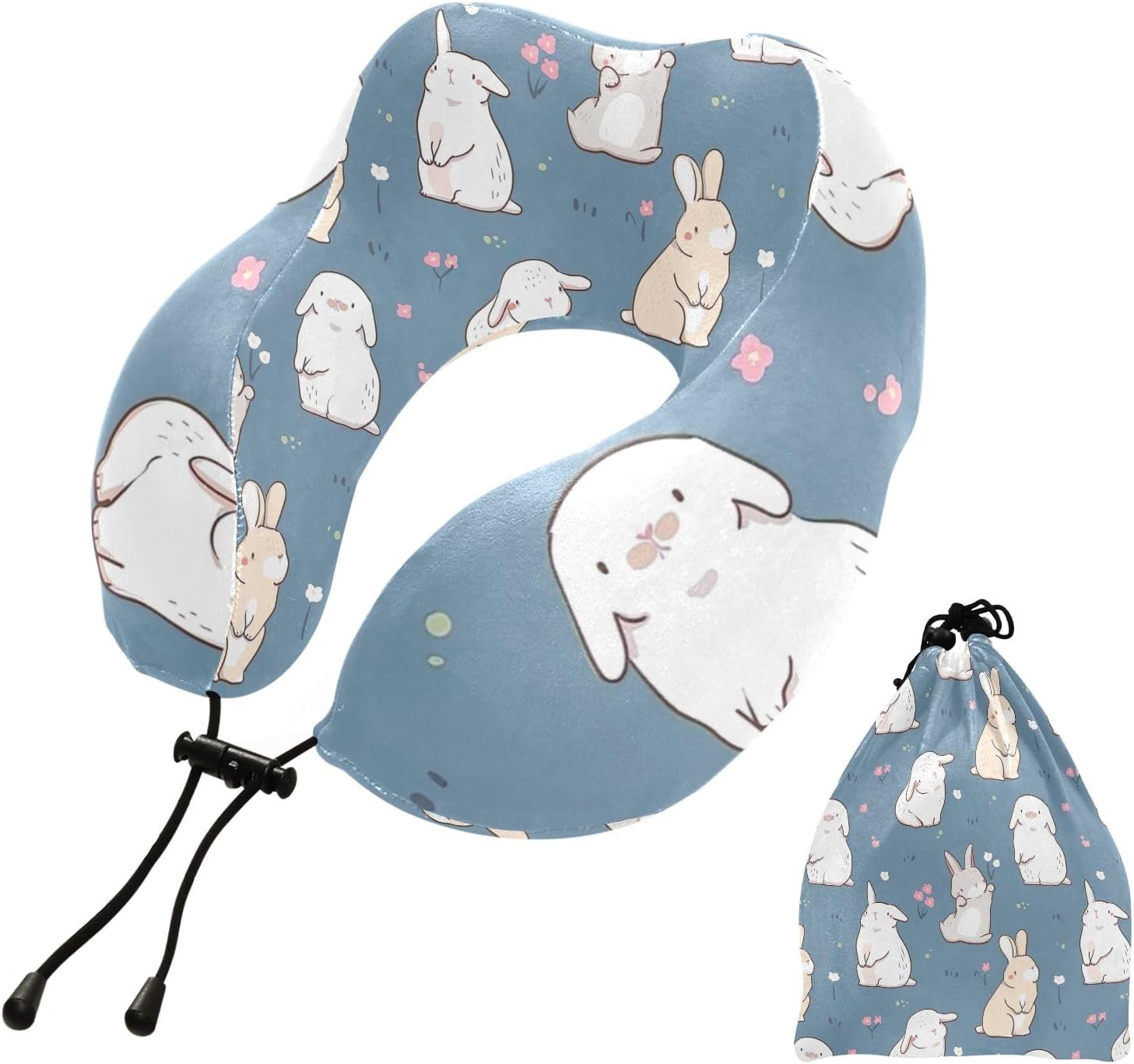 Almohada de cuello de viaje compacta y portátil con patrón de conejo, almohada para avión, con bolsa de almacenamiento con cordón