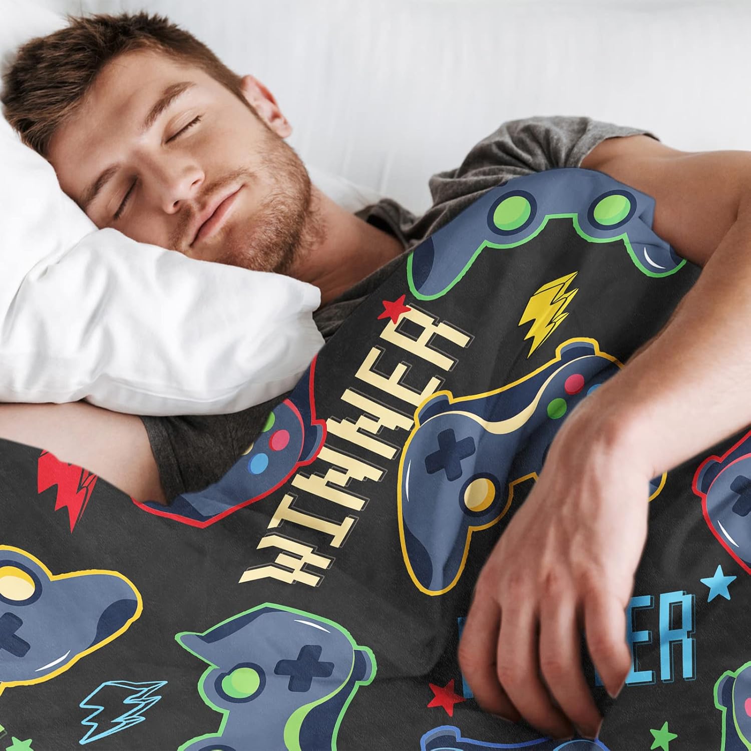 Manta de juegos para hombres, 60 x 80 pulgadas, acogedora manta mullida de videojuegos para niños, manta de franela negra suave con estrella para