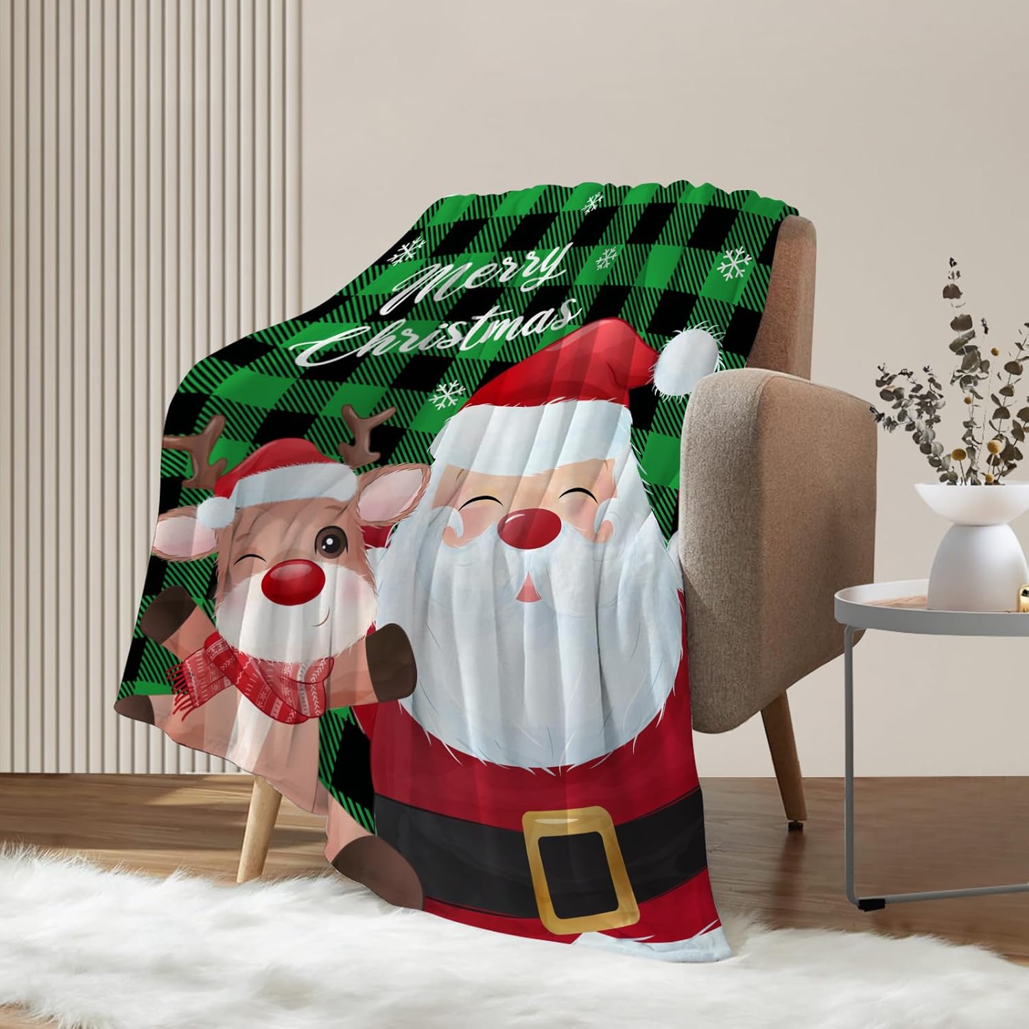 Neatee Living Manta de Navidad a cuadros verdes, manta de Navidad con reno de Papá Noel, manta de invierno para vacaciones, sofá, cama, decorativa,
