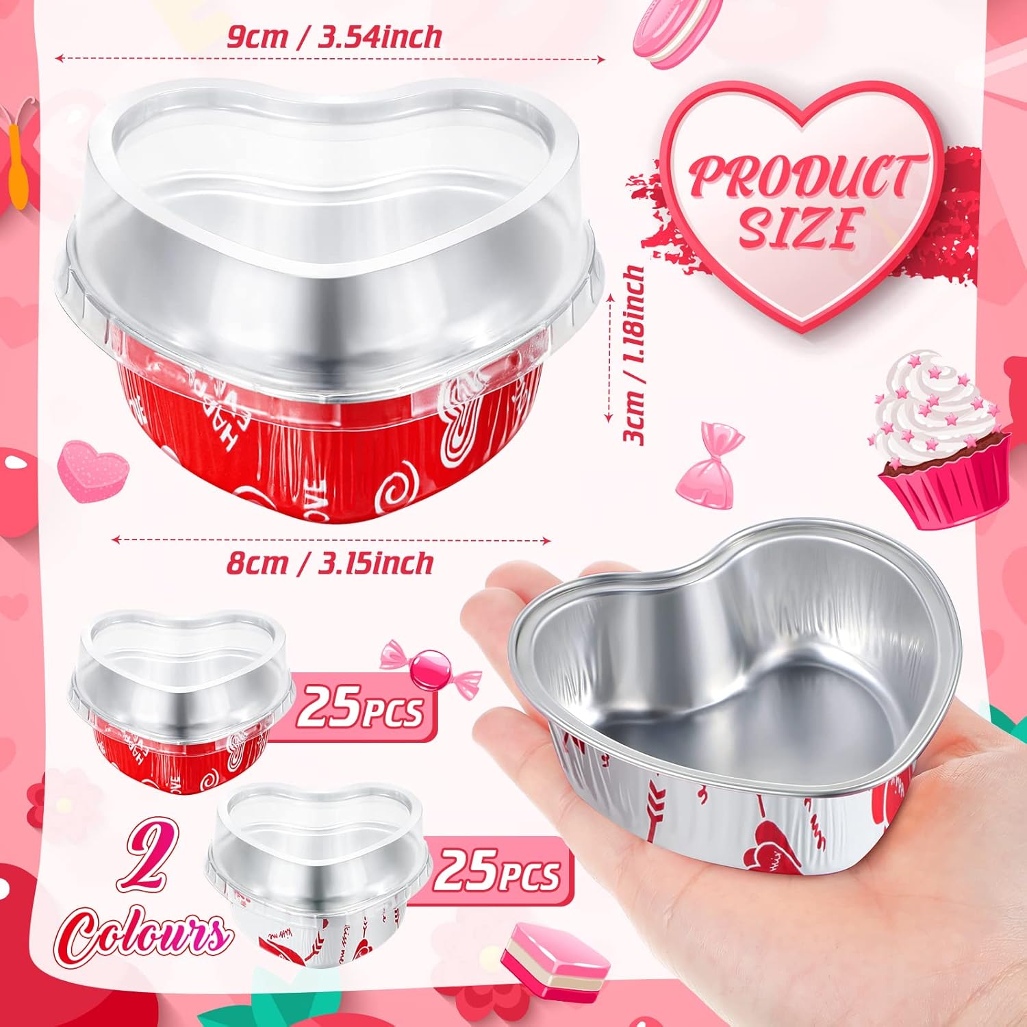50 juegos de moldes para tartas en forma de corazón de San Valentín con tapas, de papel de aluminio, moldes para cupcakes de 3.4 onzas, mini moldes