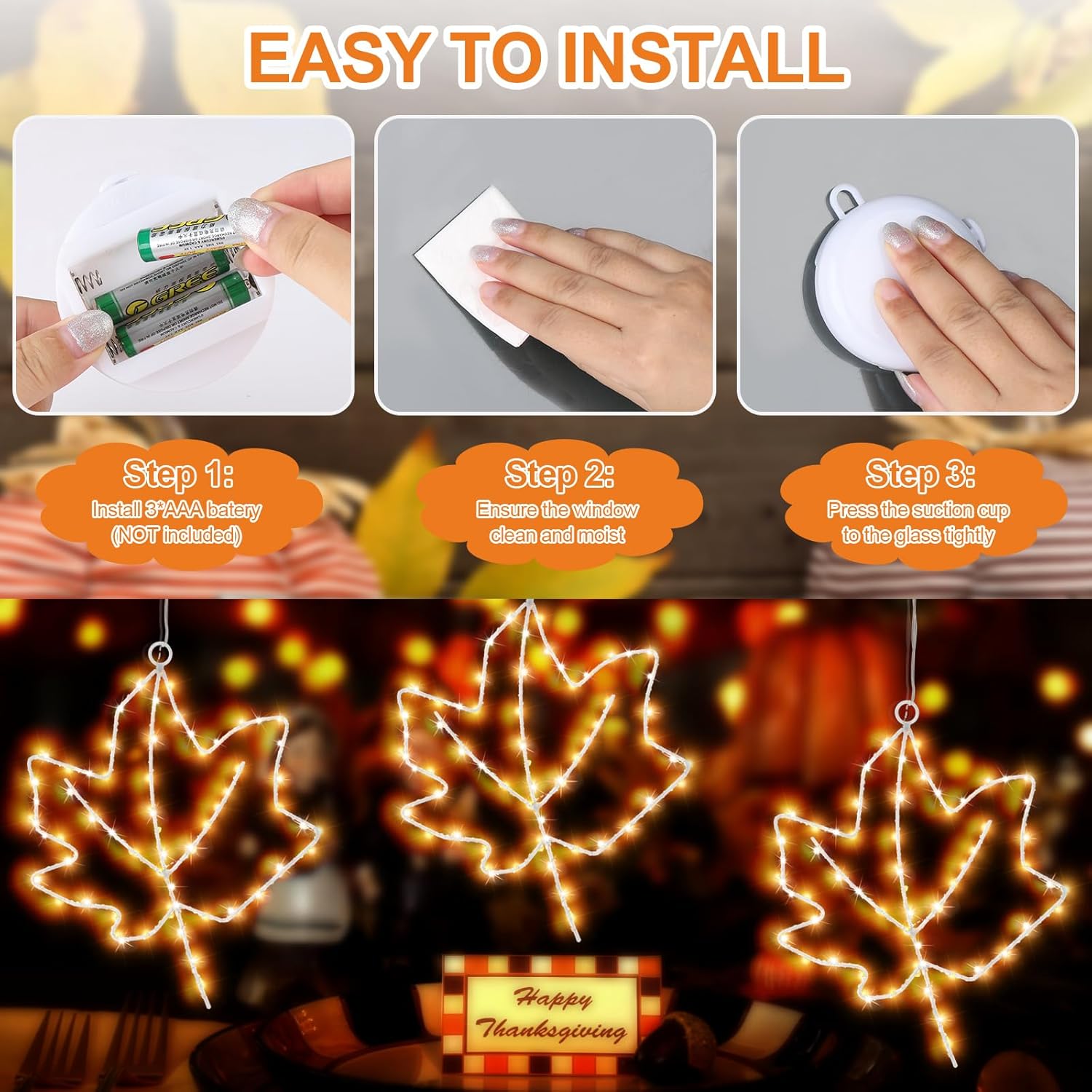 3 piezas de decoración de ventana de otoño, luces de hoja de arce, luces de ventana de Acción de Gracias a pilas con temporizador, marco de metal