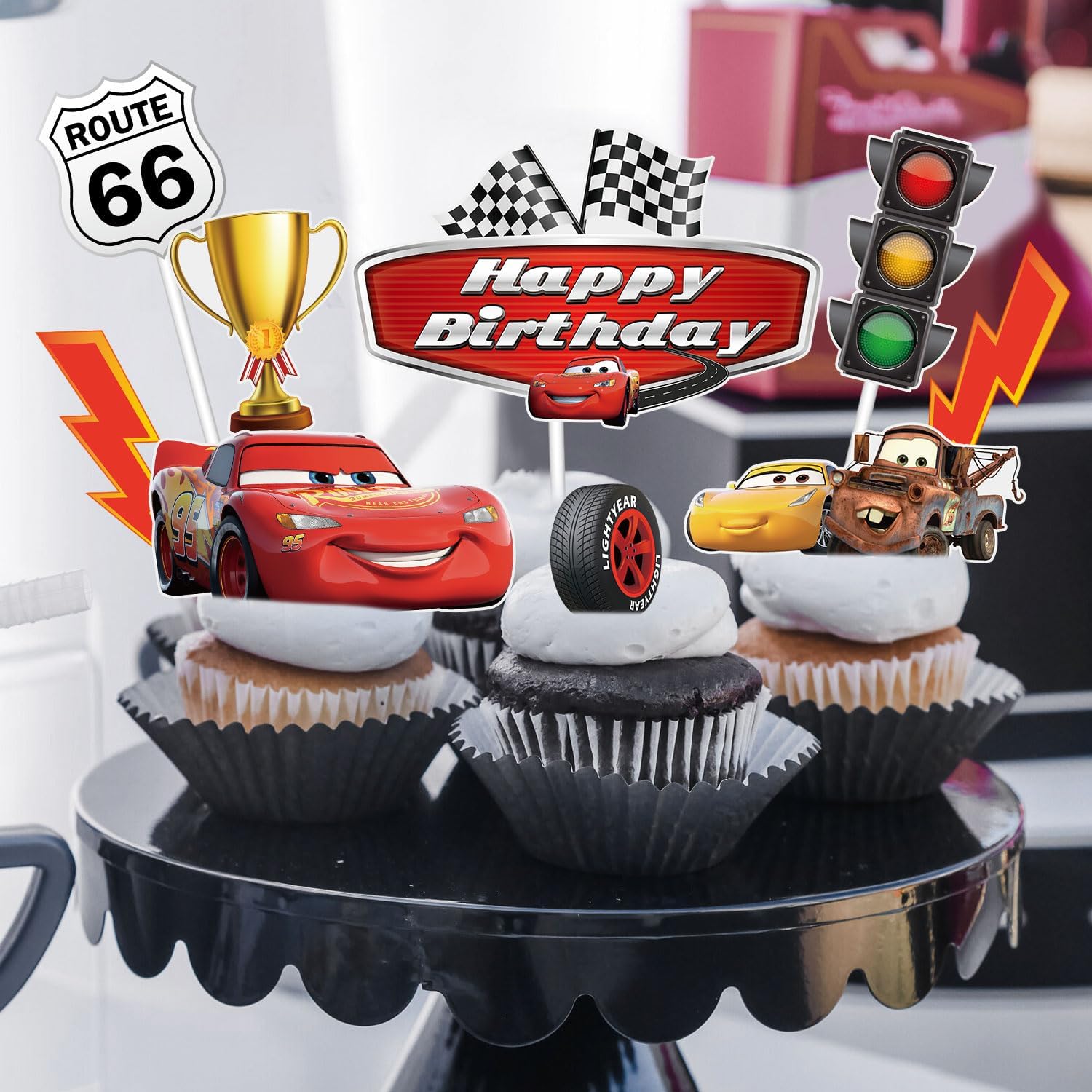 10 piezas de decoración de pasteles de autos de carreras, decoración de pasteles de autos de carreras, bandera a cuadros, decoración de pasteles con