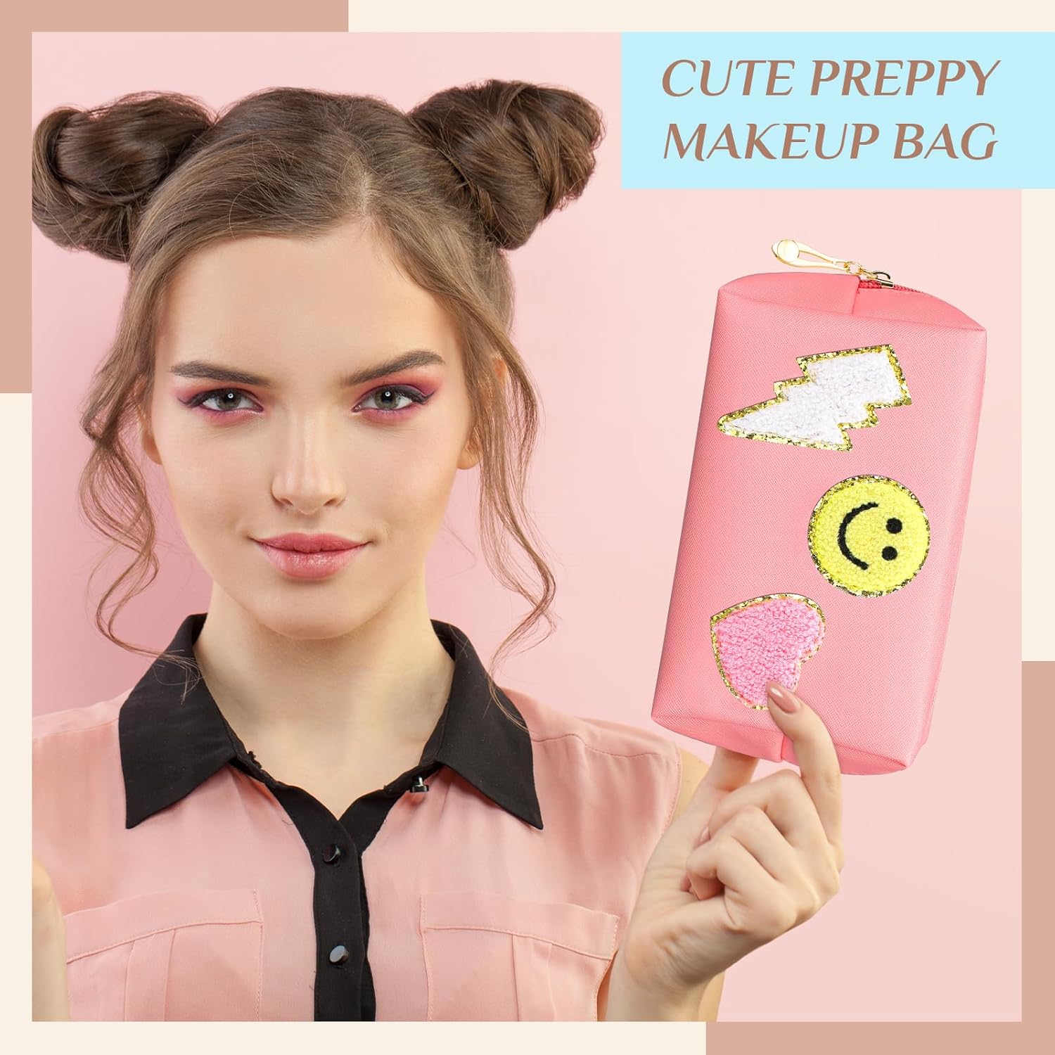Silkfly 15 piezas de parche Preppy bolsa de maquillaje de letras de chenilla bolsa de cosméticos bolsa de aseo sonrisa rayo corazón PU pequeño