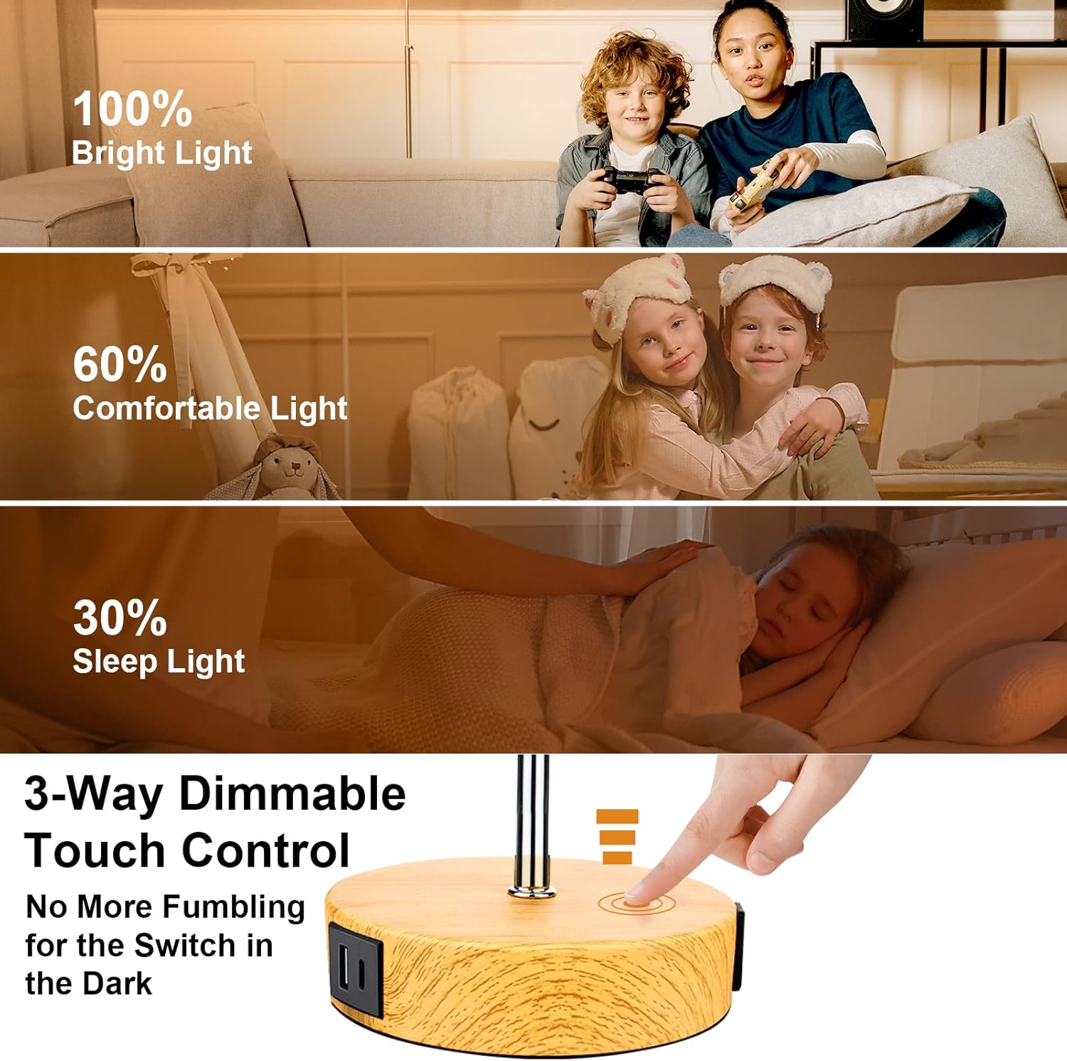 Lámpara de mesita de noche de 15.75 pulgadas con control táctil, puertos de carga USB A+C y salida de CA, mesa de noche regulable de 3 vías, luz LED
