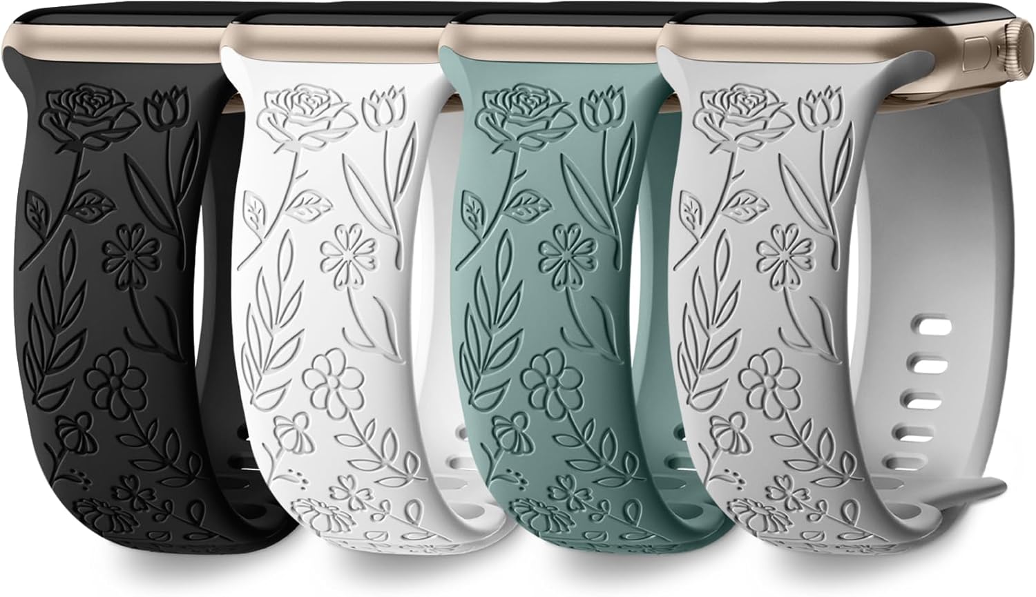 DaQin Paquete de 4 correas con grabado floral compatibles con Apple Watch de 1.496 pulgadas, 1.575 pulgadas, 1.614 pulgadas, 1.654 pulgadas, 1.732