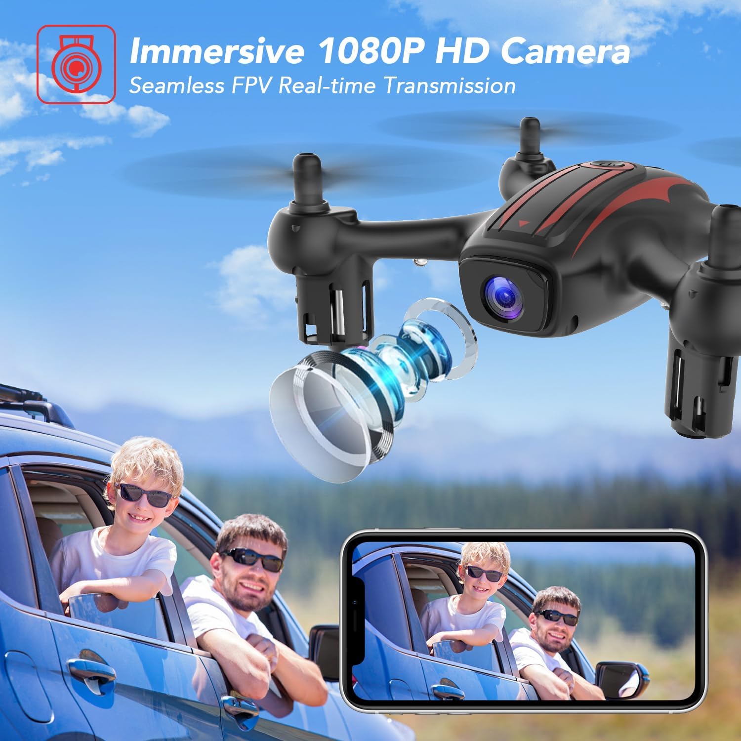 Elukiko Dron con cámara para adultos y niños, 1080P HD FPV WIFI Mini Drones, RC Quadcopter Helicóptero con 2 baterías, tiro para llevar, rotación de