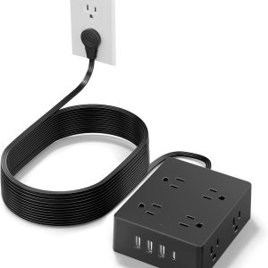 Regleta protectora de sobretensiones, cable de extensión de 25 pies de largo con 8 tomas, 4 puertos USB (1 USB C), extensor de toma de corriente de Regleta protectora de sobretensiones, cable de extensión de 25 pies de largo con 8 tomas, 4 puertos USB (1 USB C), extensor de toma de corriente de